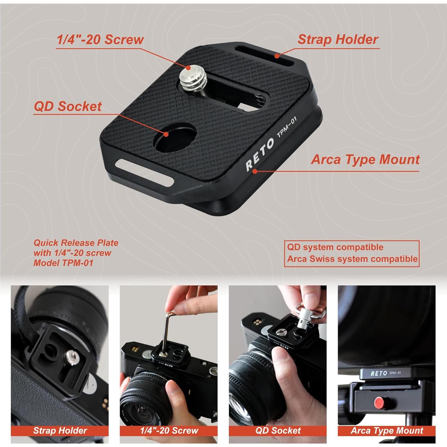 RETO Quick Release Plate TPM-01 with 1/4"-20 Screw - QD System and Arca Swiss System Compatible, Applicable for Kodak Camera Strap and Camera Strap with QD Sling Swivel, Side Strap Hole Available