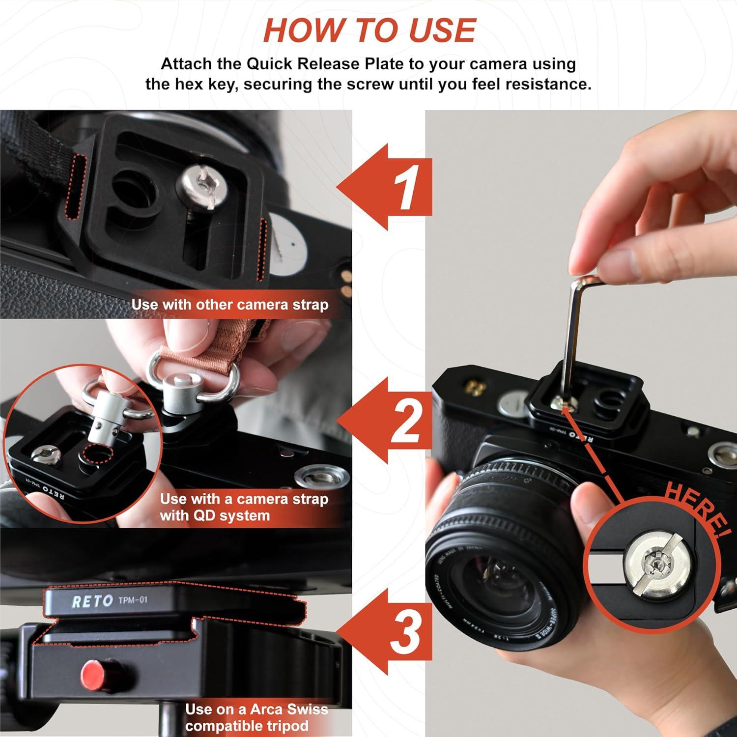 RETO Quick Release Plate TPM-01 with 1/4"-20 Screw - QD System and Arca Swiss System Compatible, Applicable for Kodak Camera Strap and Camera Strap with QD Sling Swivel, Side Strap Hole Available