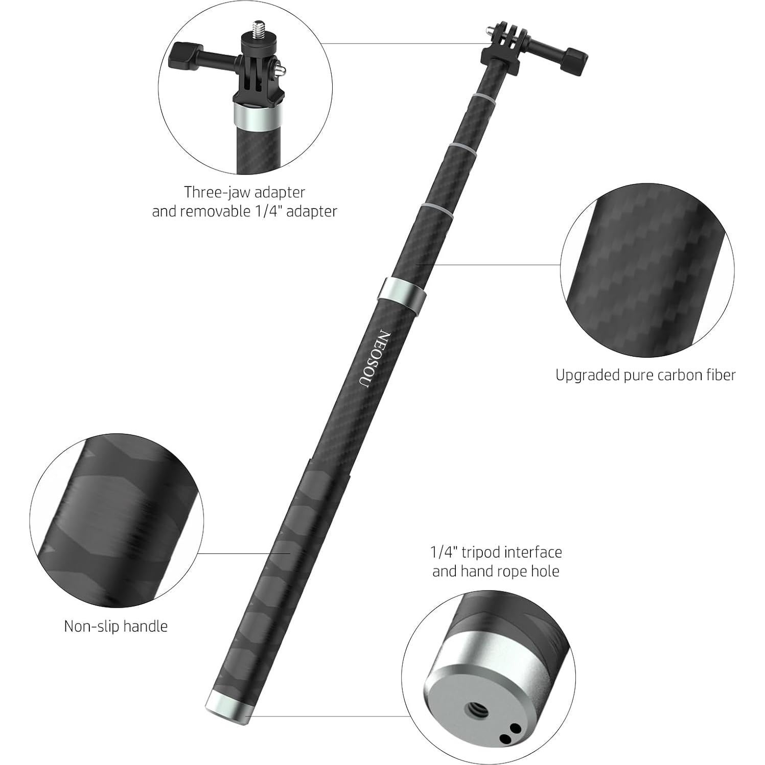 Palo Selfie Telescópico NEOSOU 2.6m Fibra de Carbono Impermeable