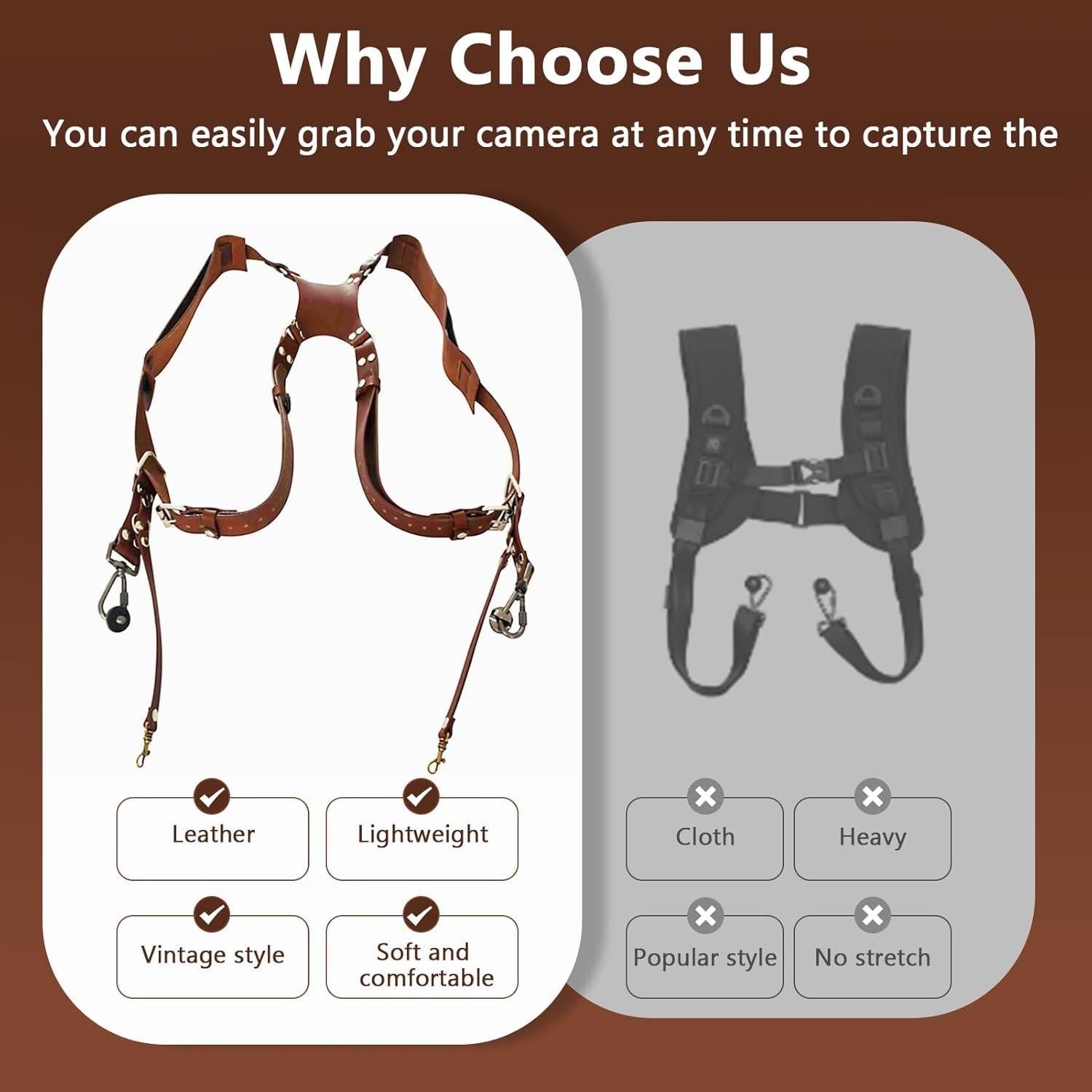 Correa Doble para Cámara Rosvola de Cuero Ajustable 33-51 cm