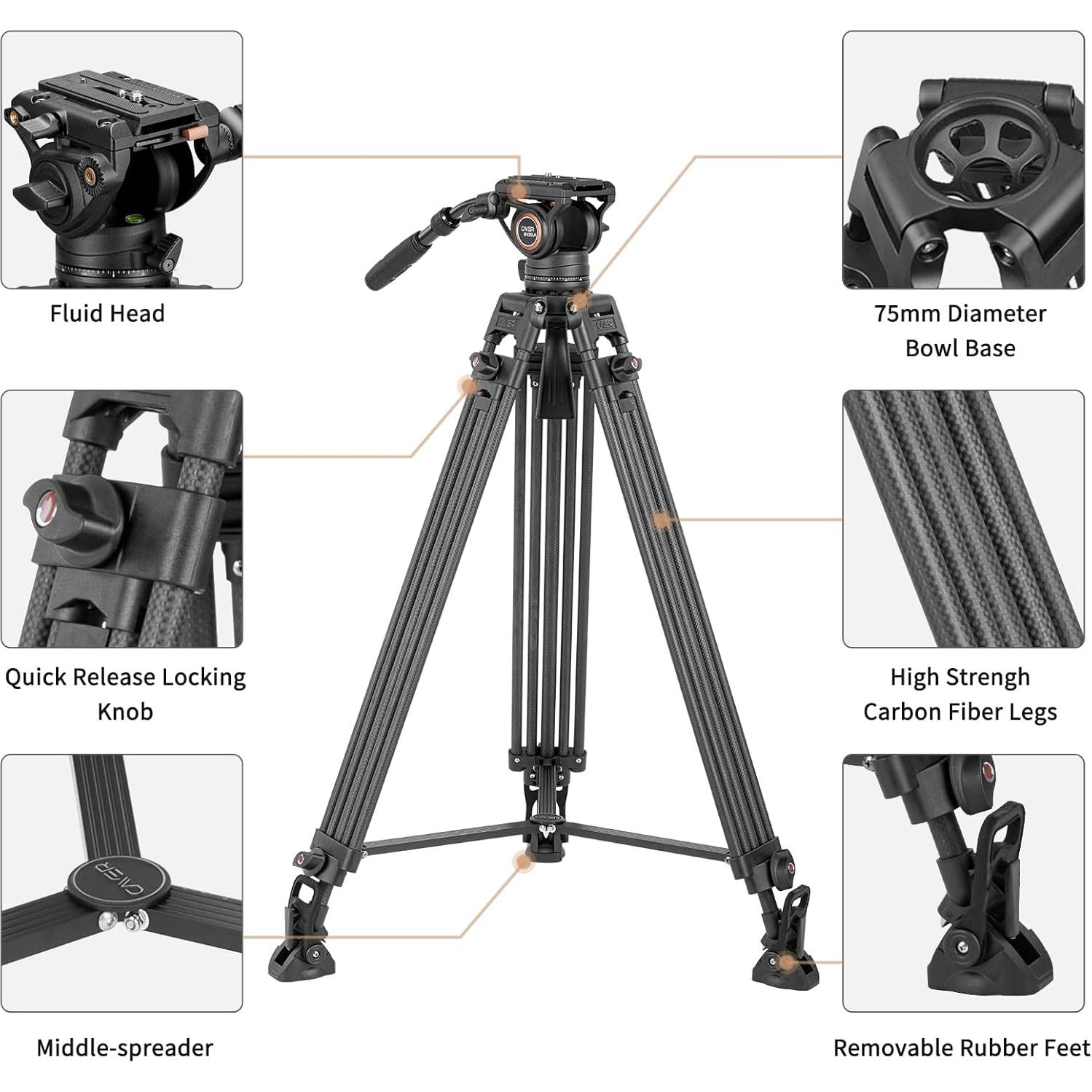 Trípode Profesional Cayer BV25LH de Fibra de Carbono 186 cm