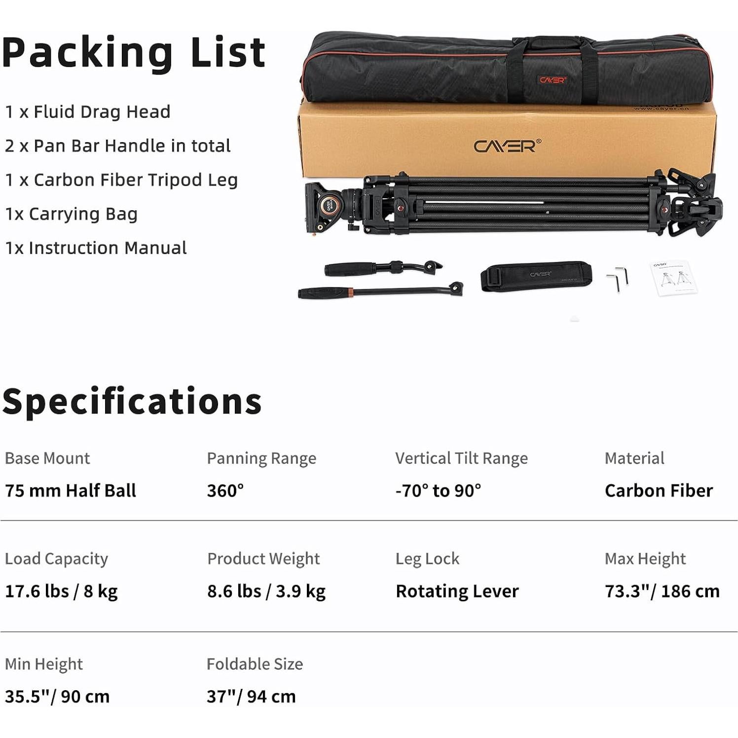 Trípode Profesional Cayer BV25LH de Fibra de Carbono 186 cm