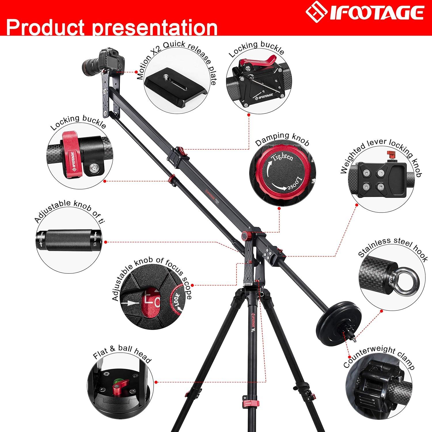 Trípode de Video IFOOTAGE de Fibra de Carbono 165 cm + Grúa Mini M1 III 216 cm