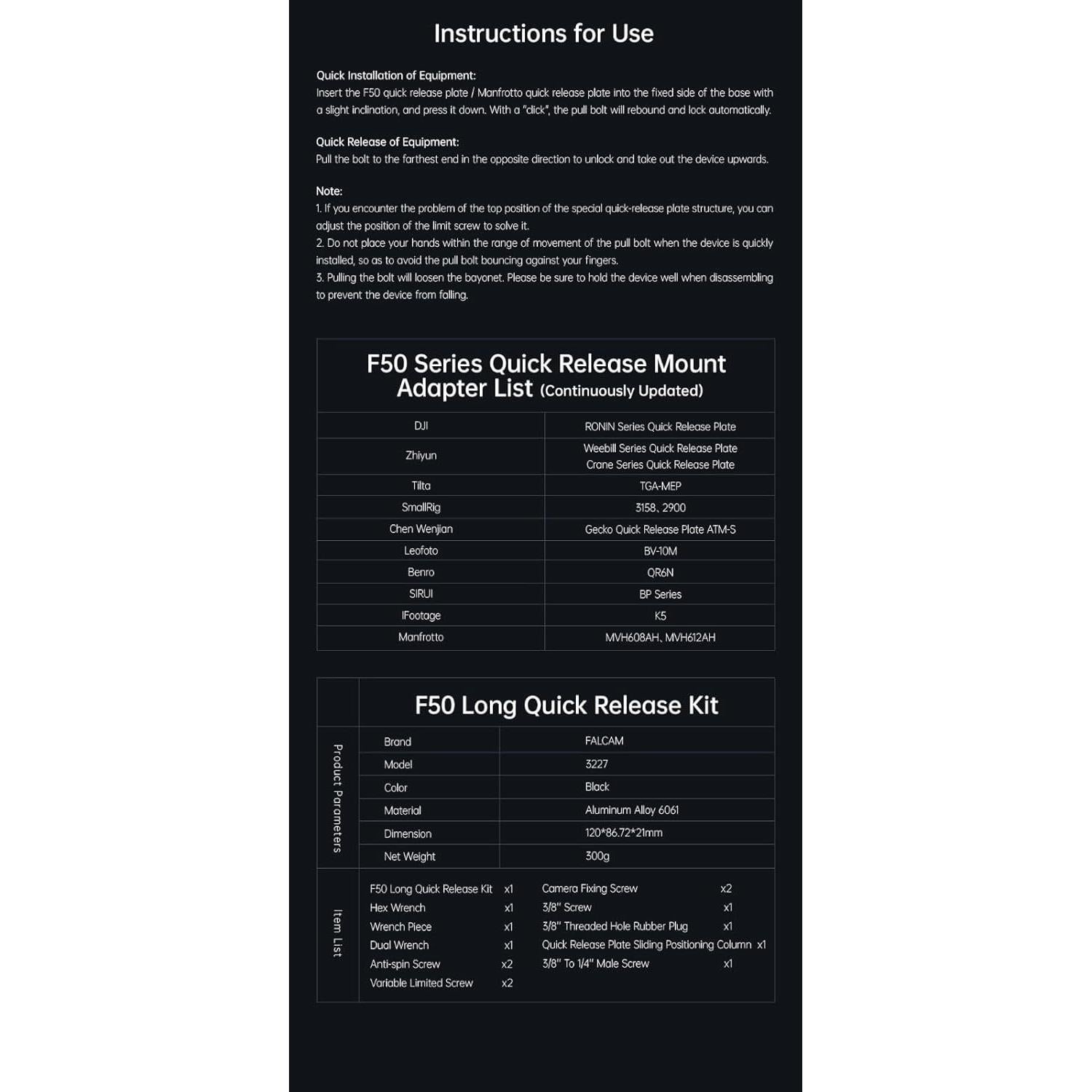Kit Liberación Rápida F50 FALCAM para Cámara de Cine 50kg
