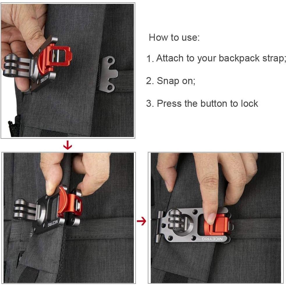 Soporte de Mochila NICEYRIG para GoPro HERO 11/10/9/8/7/6 y DJI Osmo Action - Aluminio Premium