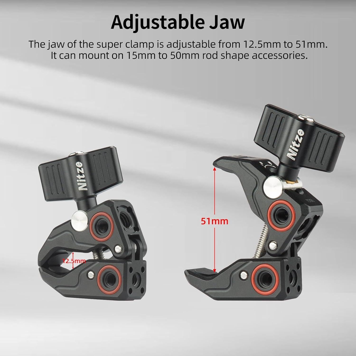 Nitze Camera Super Clamp, with Screws and Thread Adapters, Crab Clamp for Cameras, Unbrellas, Tripods, Cross Bars, Lights and Shelves - N18A