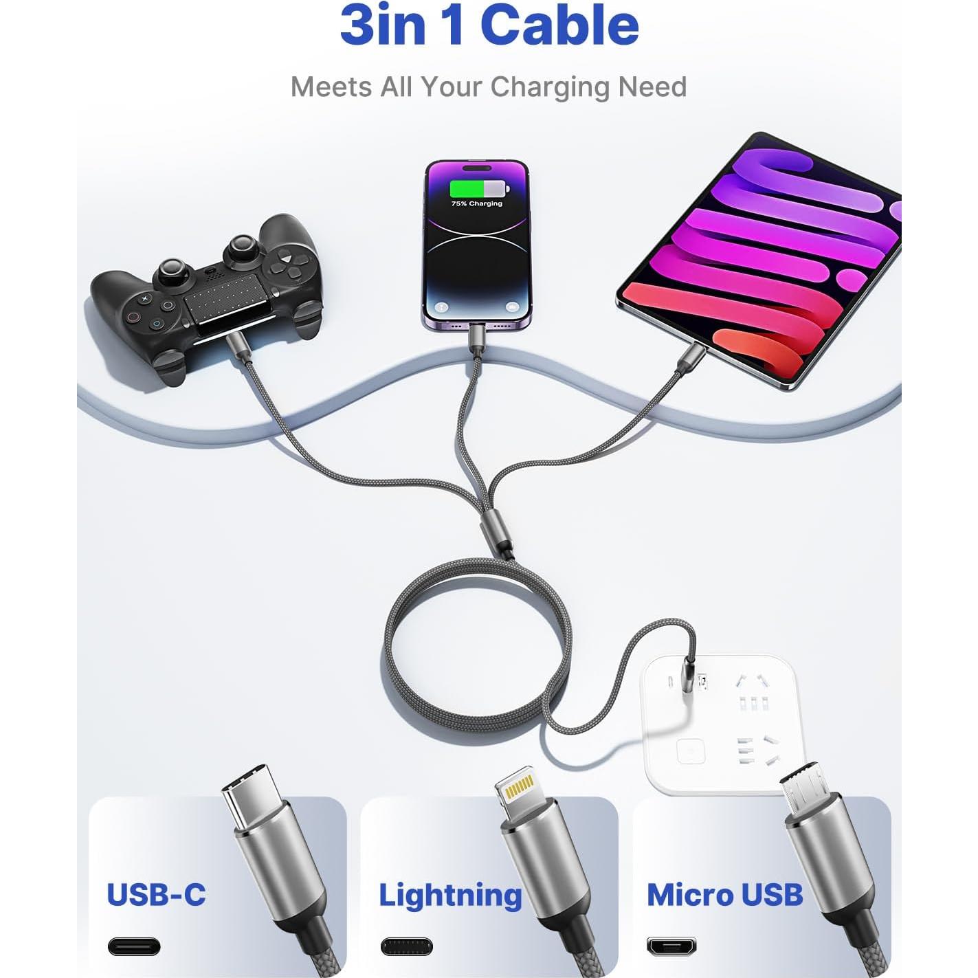 Cable Cargador Multi 3 en 1 Aioneus 4FT Carga Rápida Gris