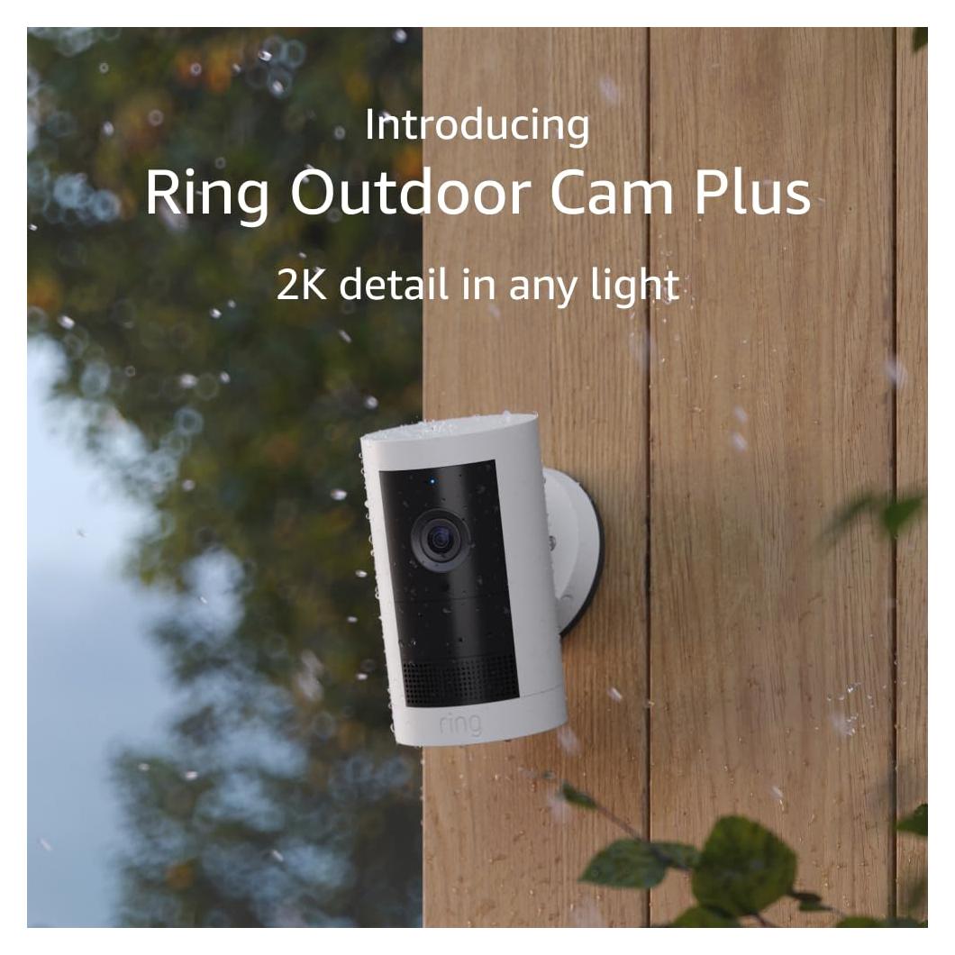 Introducing Ring Outdoor Cam Plus, Battery — Wide-Angle 2K Video with Ring Vision, Low-Light Sight for full-color night vision, Mount-Anywhere Versatility, White
