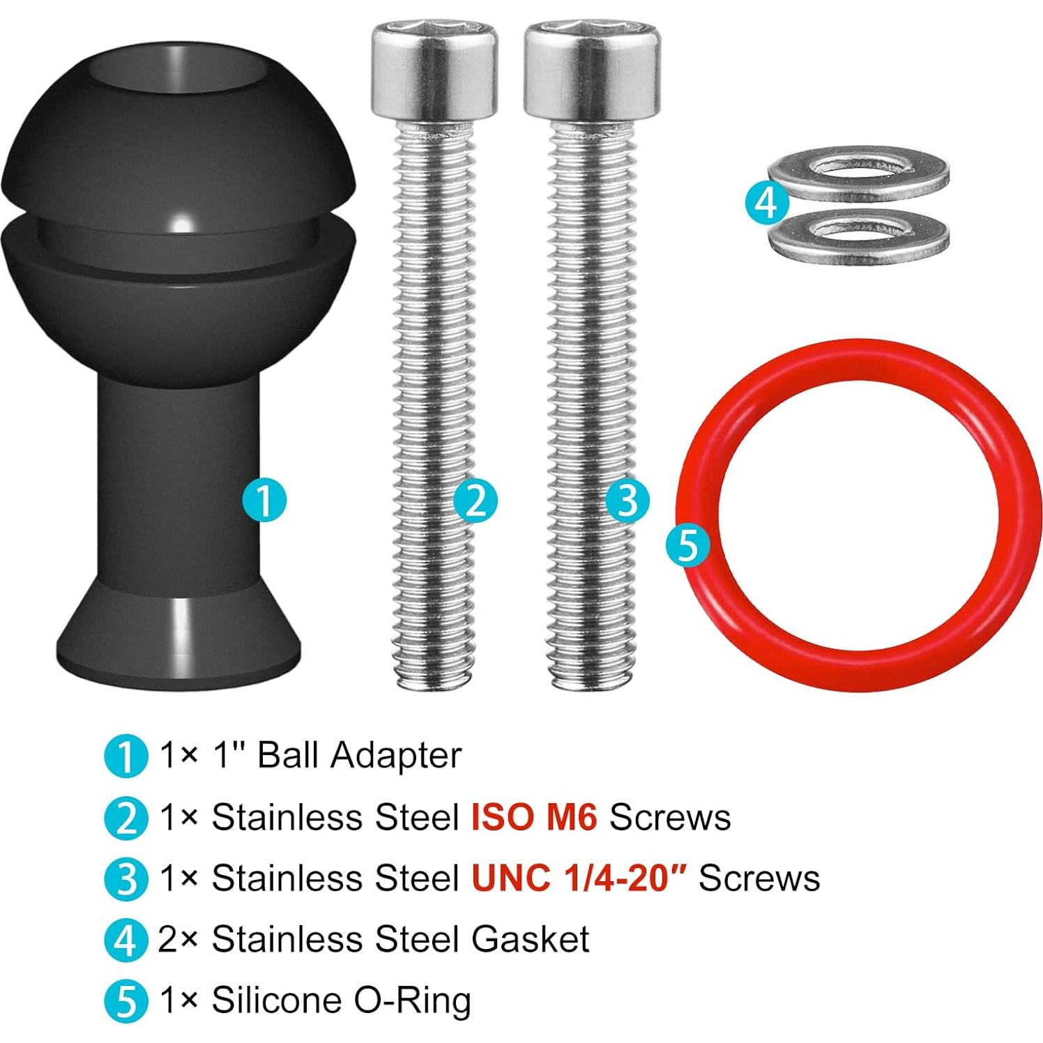 Adaptador de bola MINIFOCUS 1" con tornillos M6 y 1/4"-20