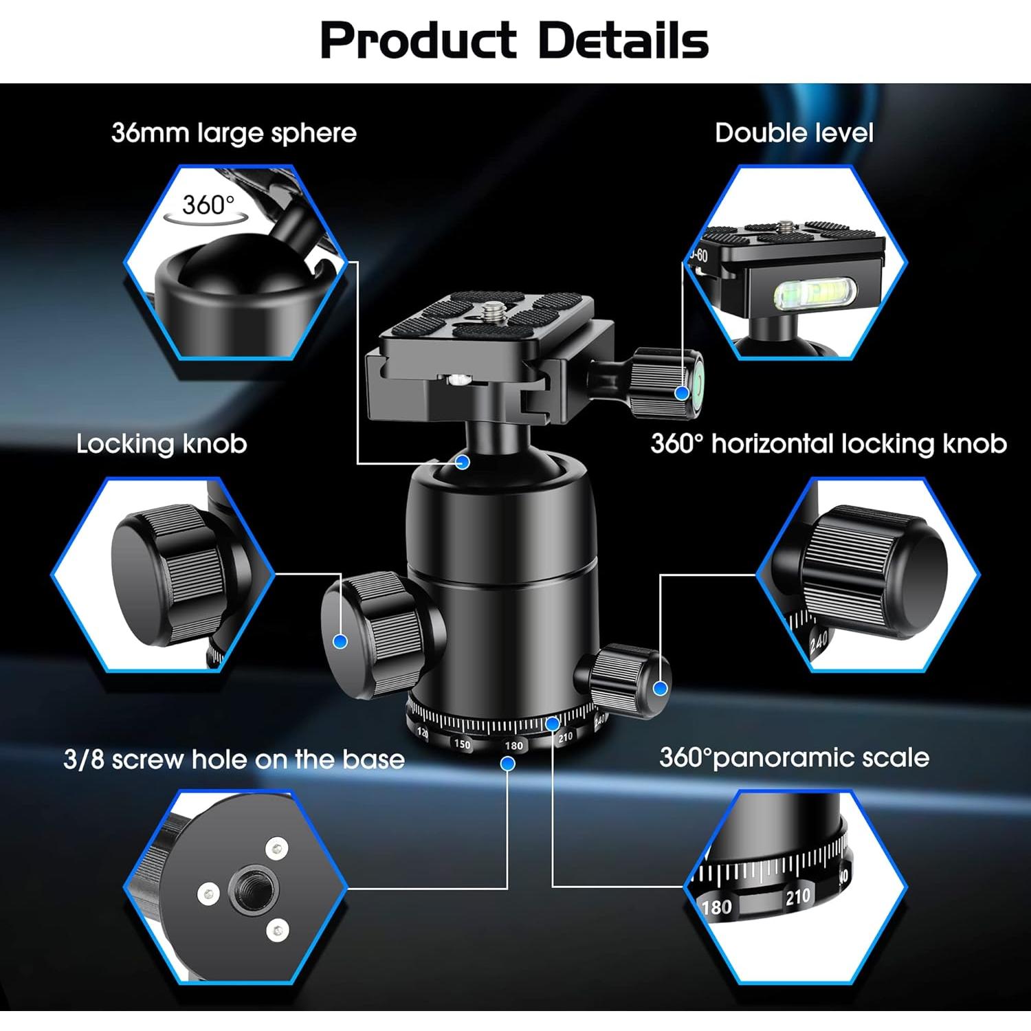 Cabezal de bola Manbily B-20 para trípode 360° carga 15kg