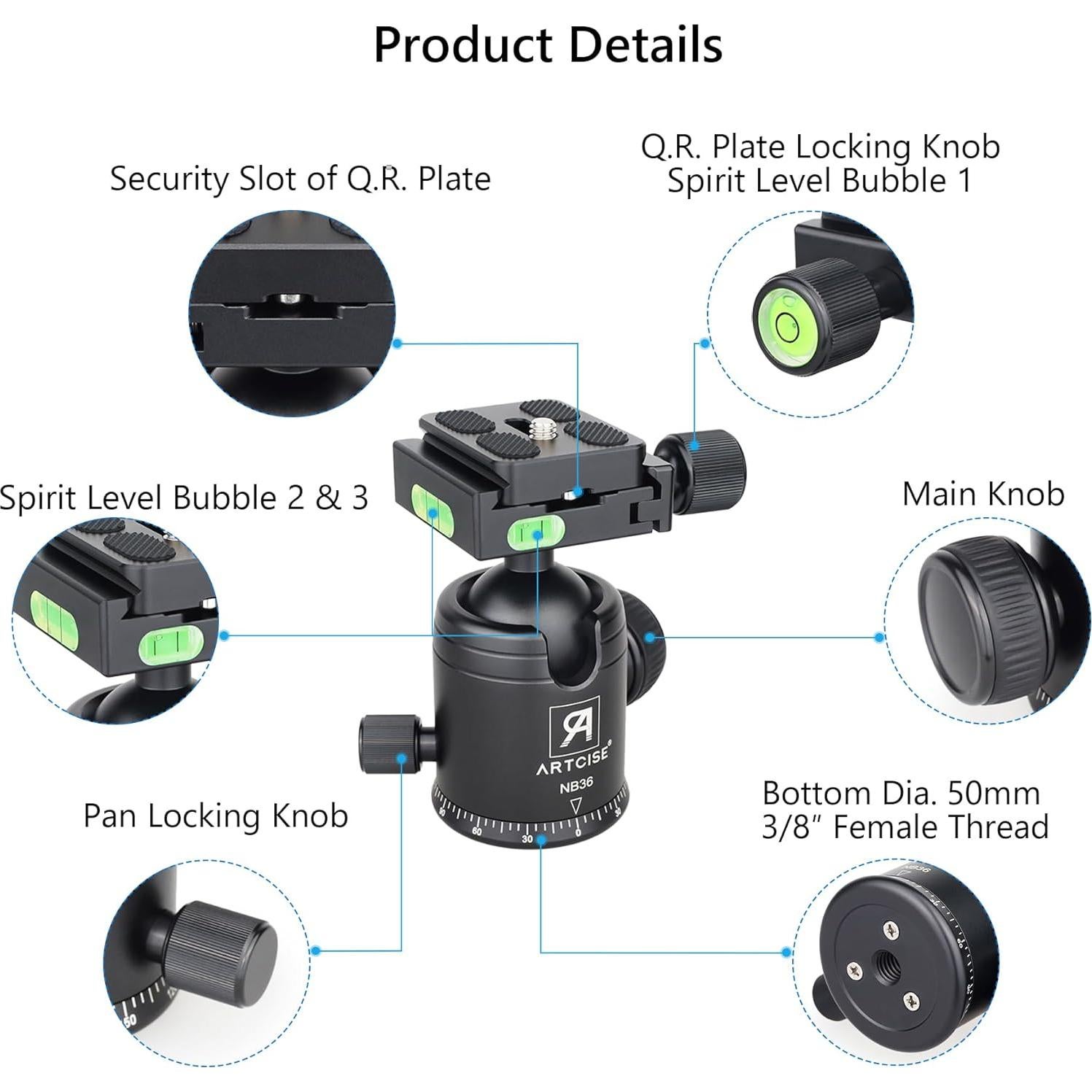 Cabezal de bola de trípode ARTCISE NB36 36mm Aluminio 15kg