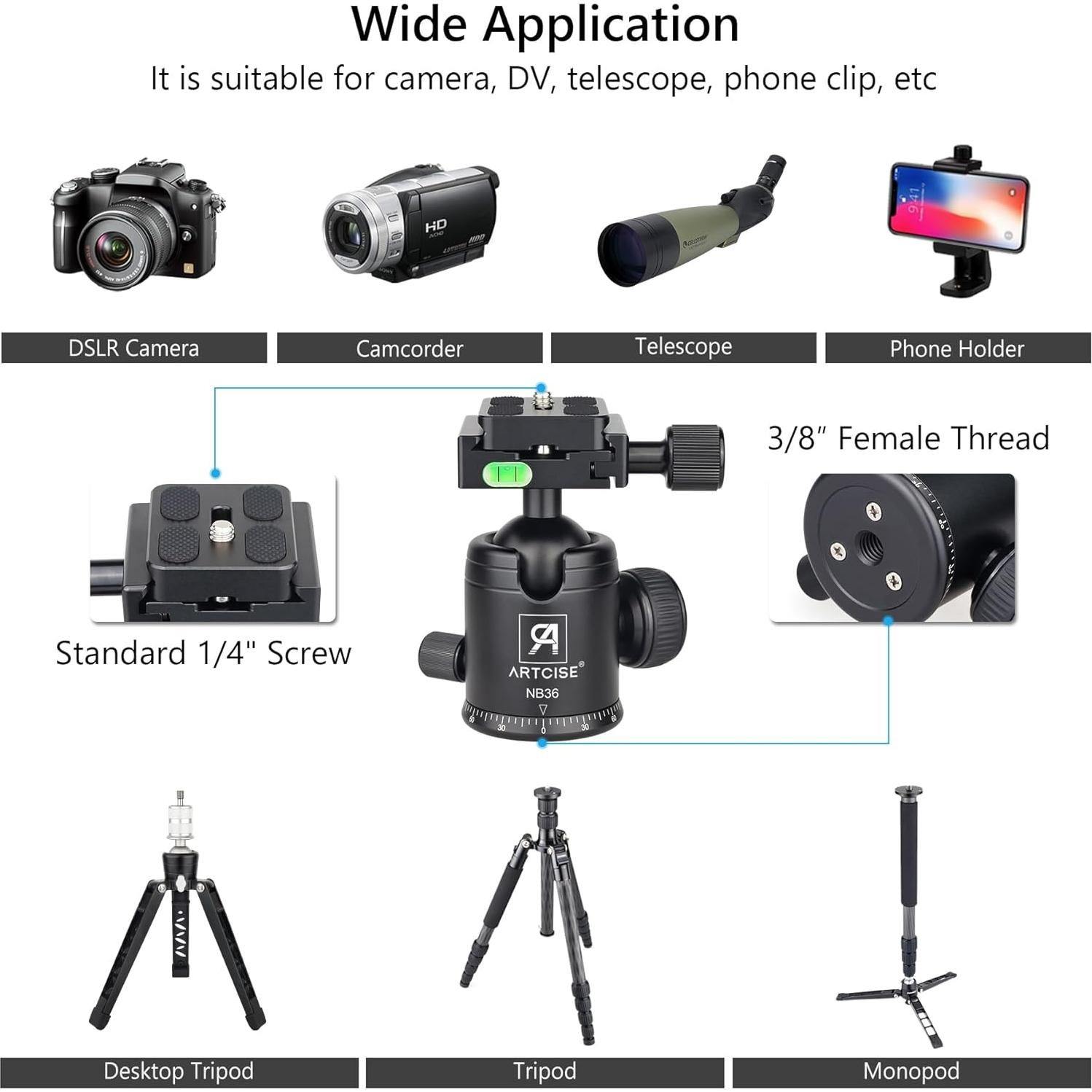Cabezal de bola de trípode ARTCISE NB36 36mm Aluminio 15kg