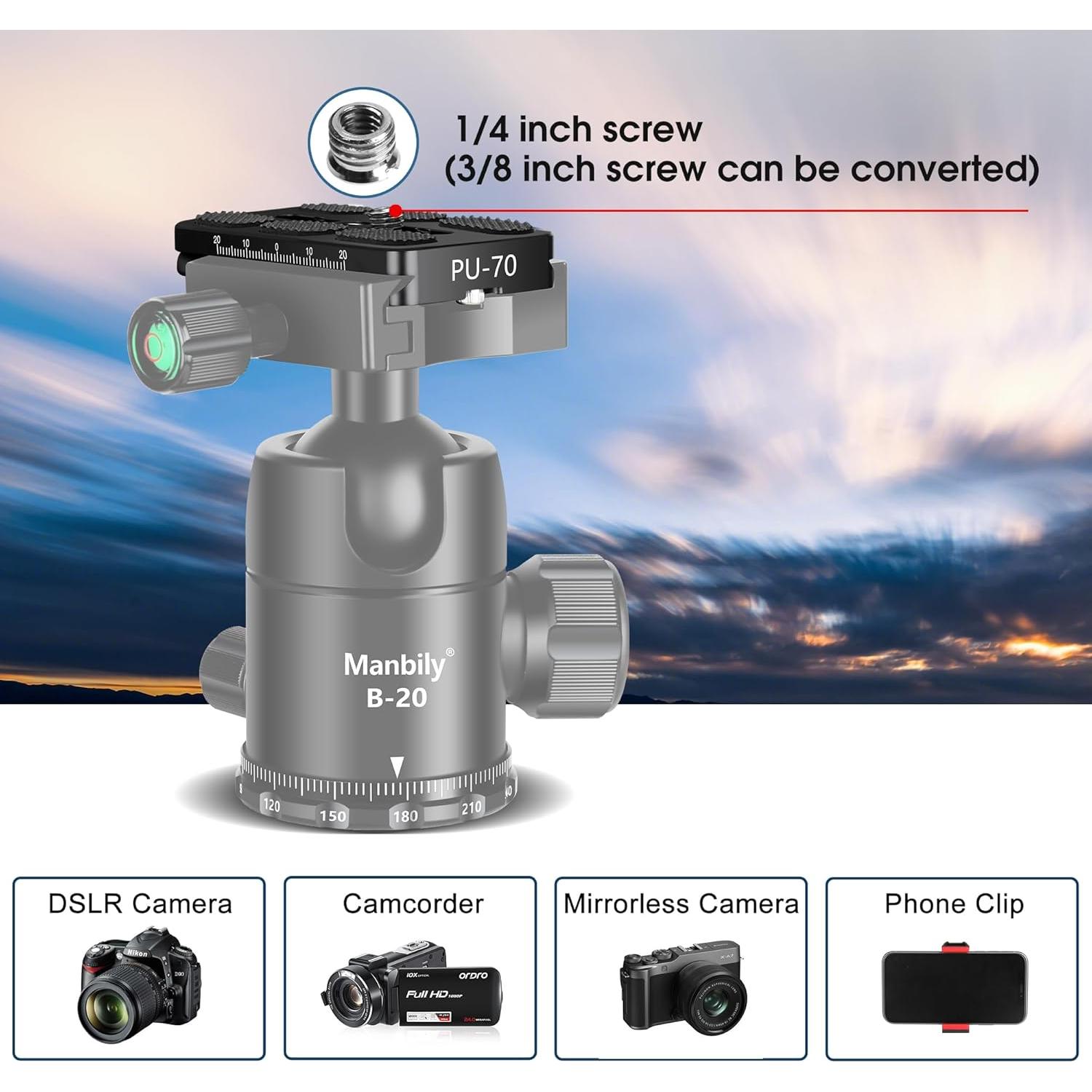 Cabezal de bola Manbily PU-70 con placa liberación rápida 70x38mm