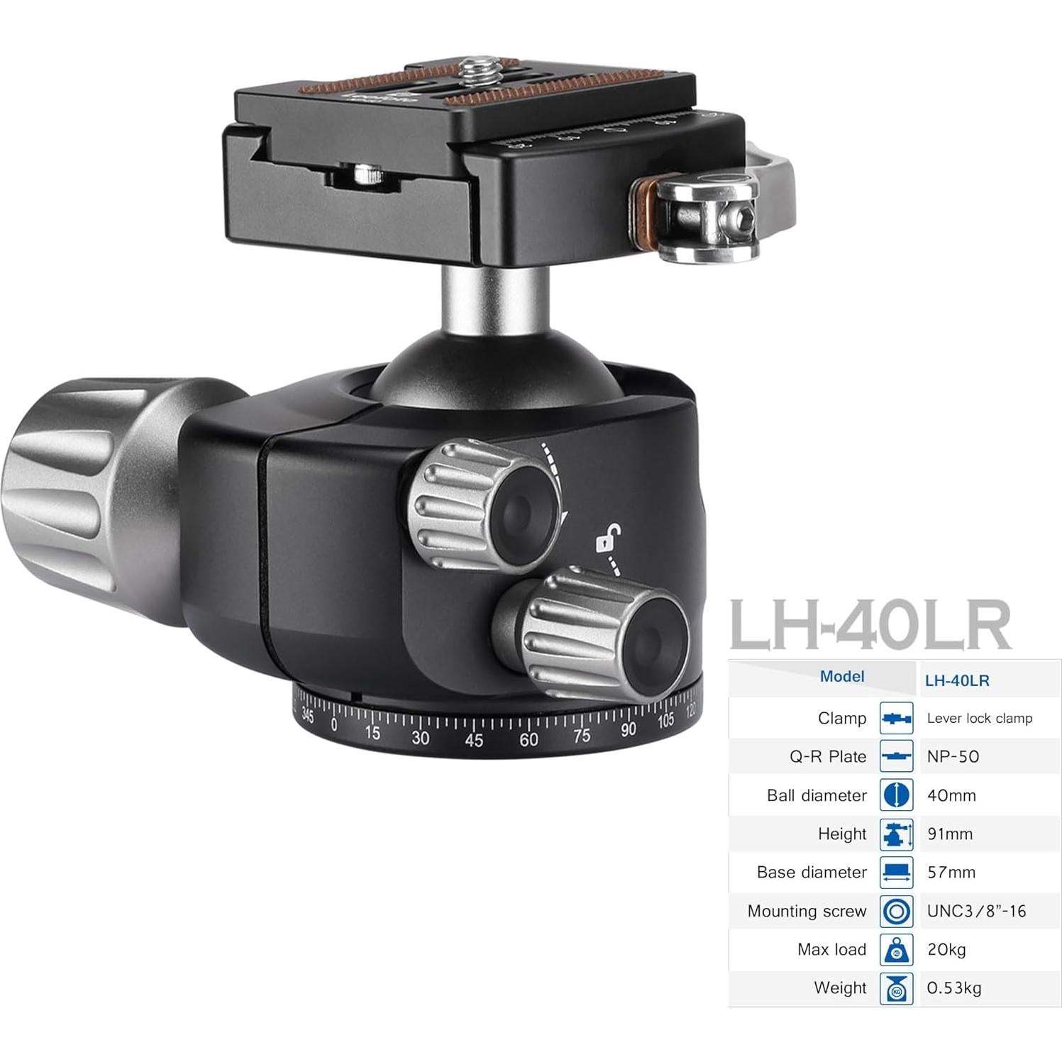 Cabezal de bola Leofoto LH-40LR 91mm con liberación rápida 20kg