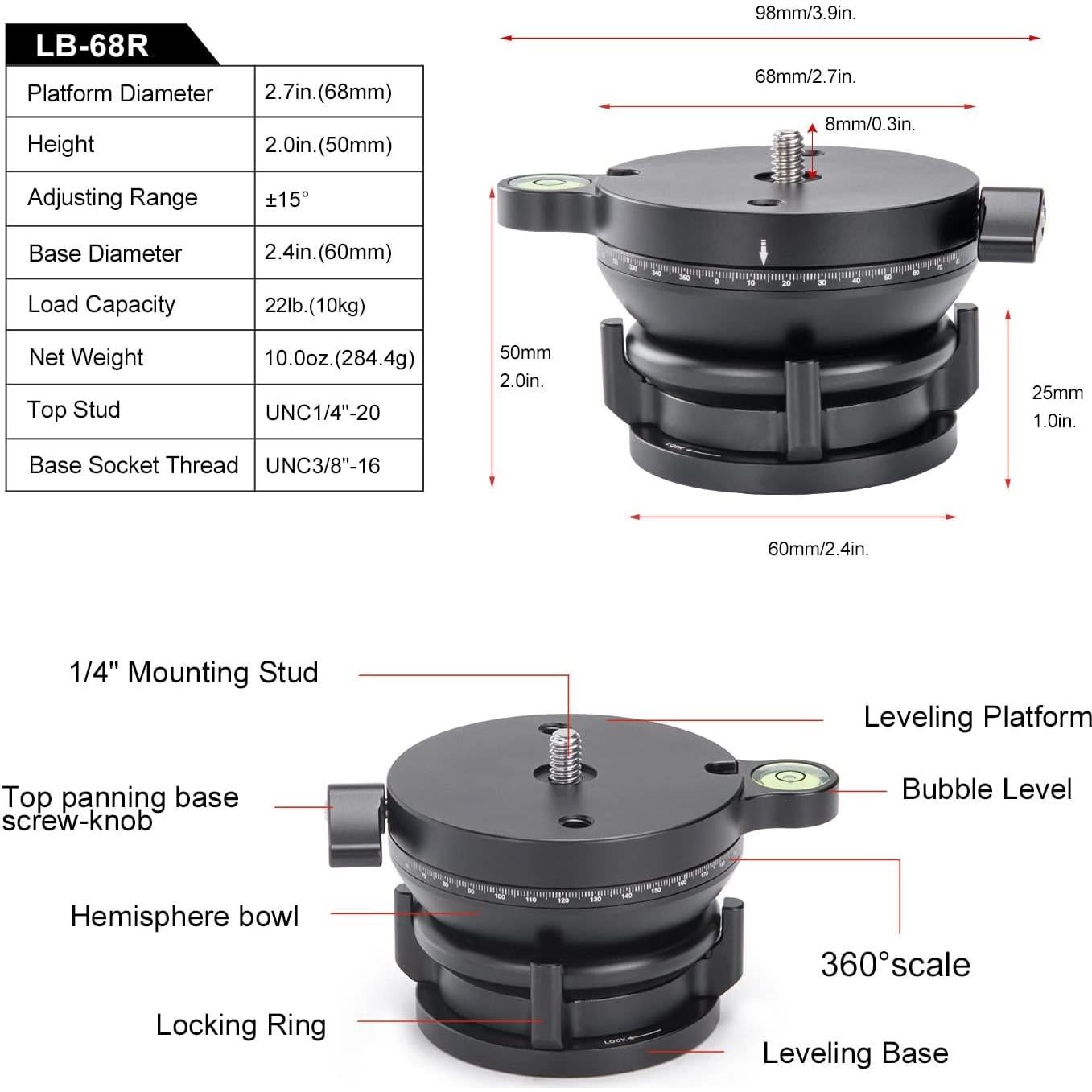 Cabezal de trípode panorámico SUNWAYFOTO LB-68R 10kg