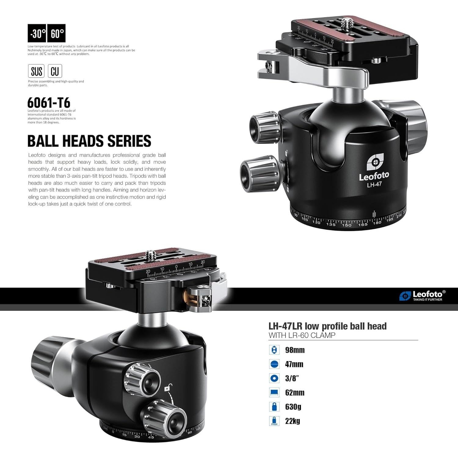 Cabezal de trípode Leofoto LH-47LR 98mm, carga 22kg