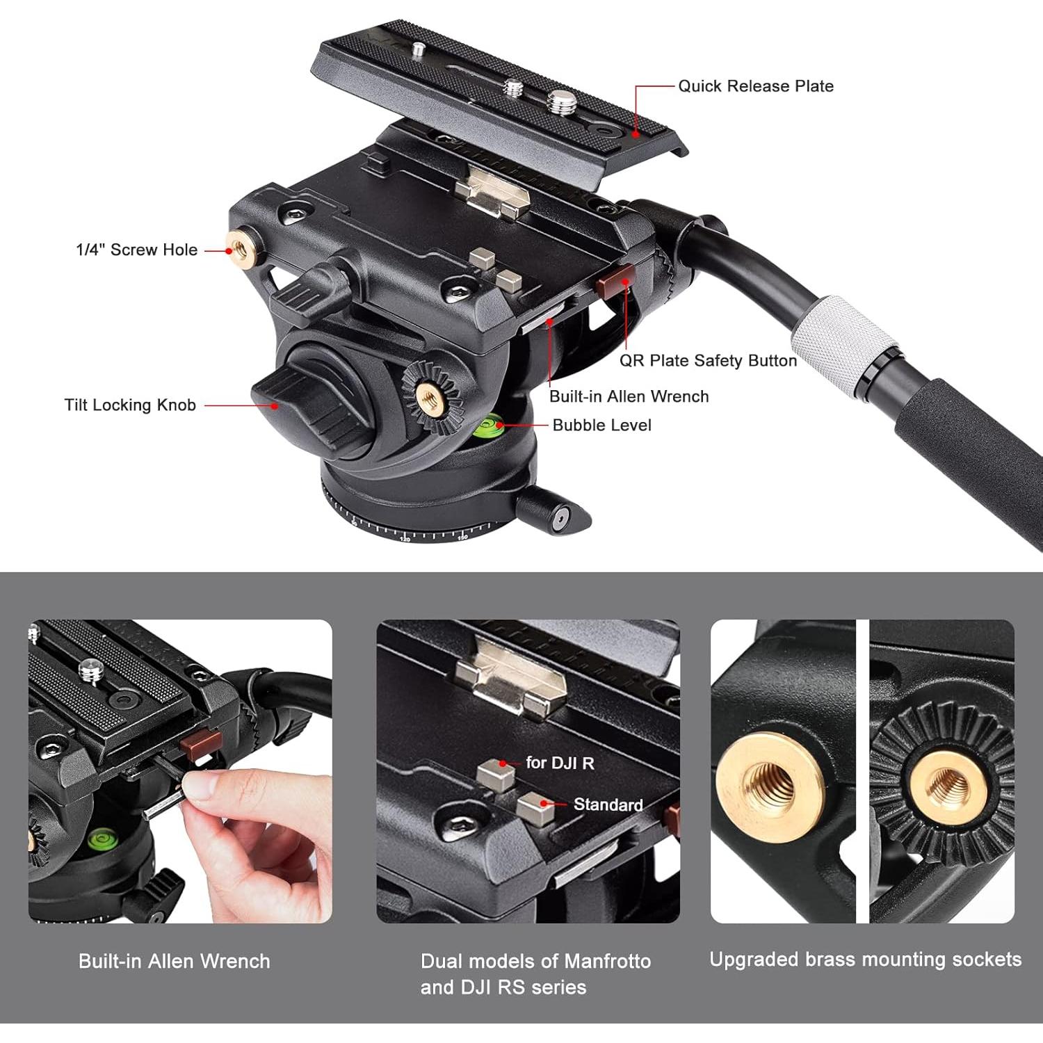 Cabezal Fluido Cayer K6 para Trípode y Monópode - Soporta 7.98 kg