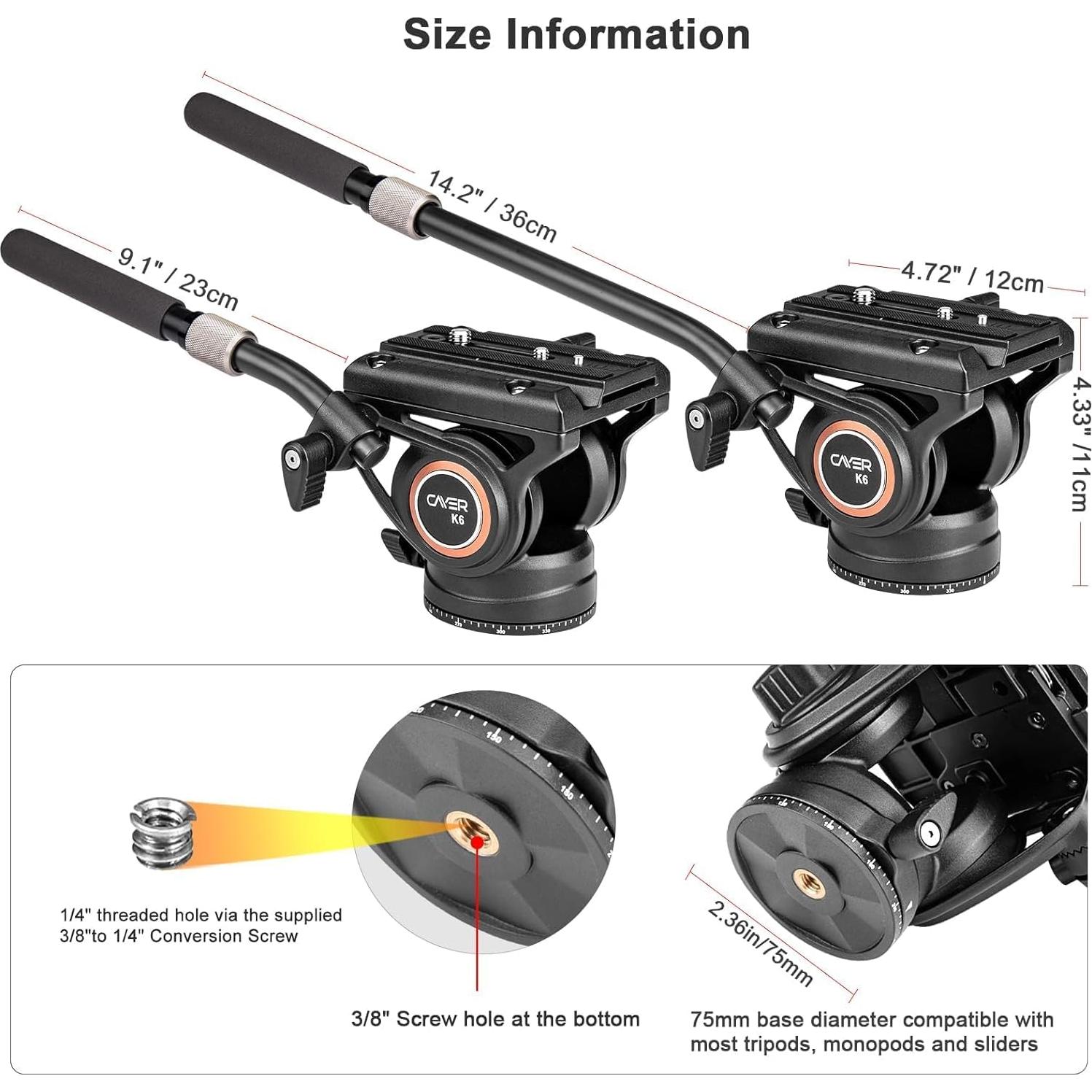 Cabezal Fluido Cayer K6 para Trípode y Monópode - Soporta 7.98 kg