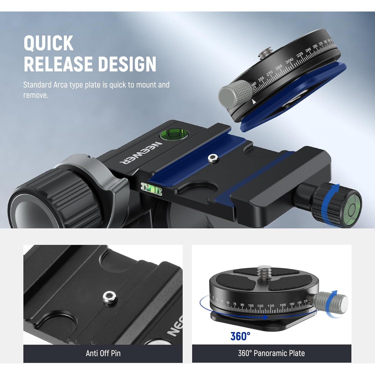 Cabezal de Trípode NEEWER TH16 3 Ejes Pan Tilt 360° QR