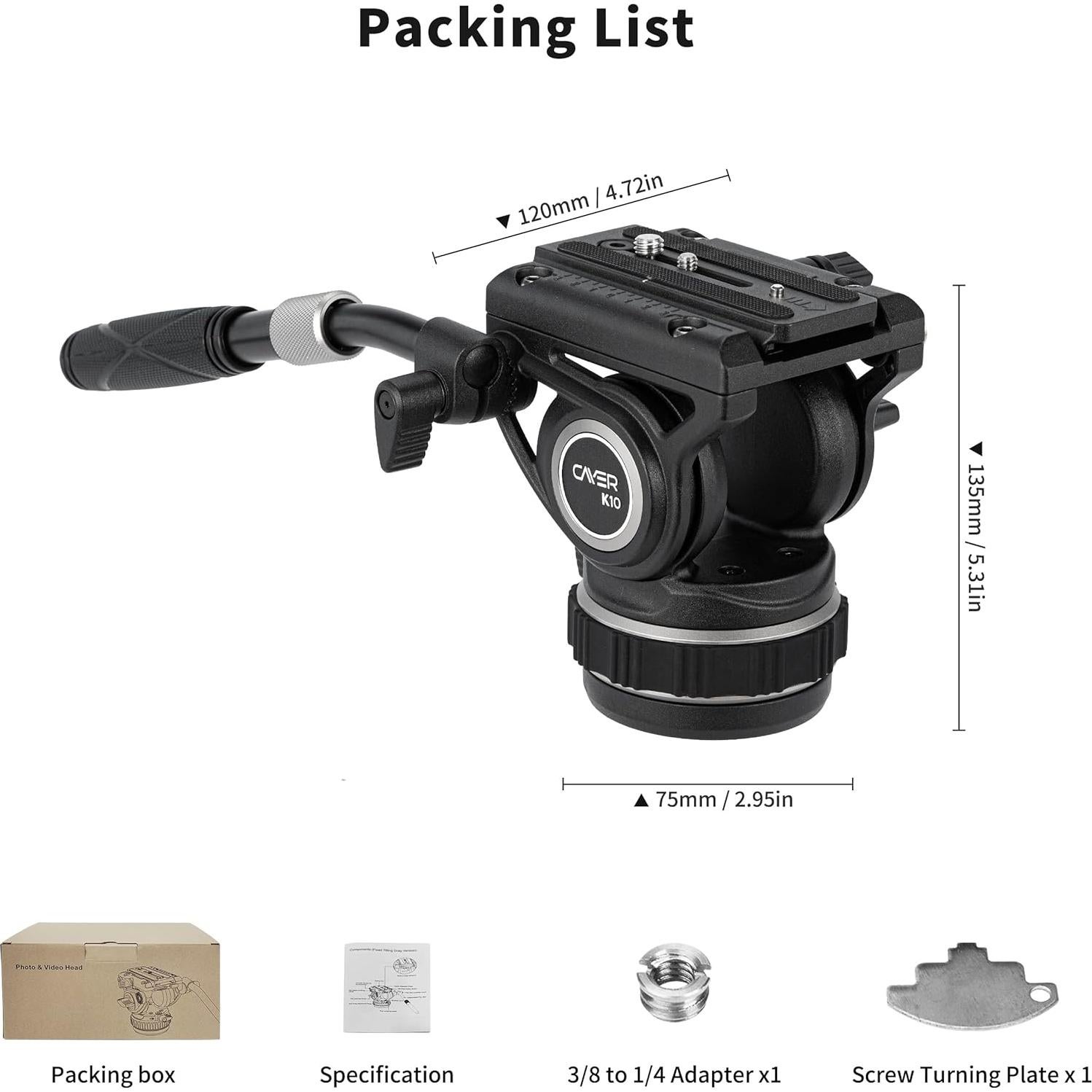 Cabezal de Video Fluido Cayer K10 Pro 75mm, Carga 10 kg