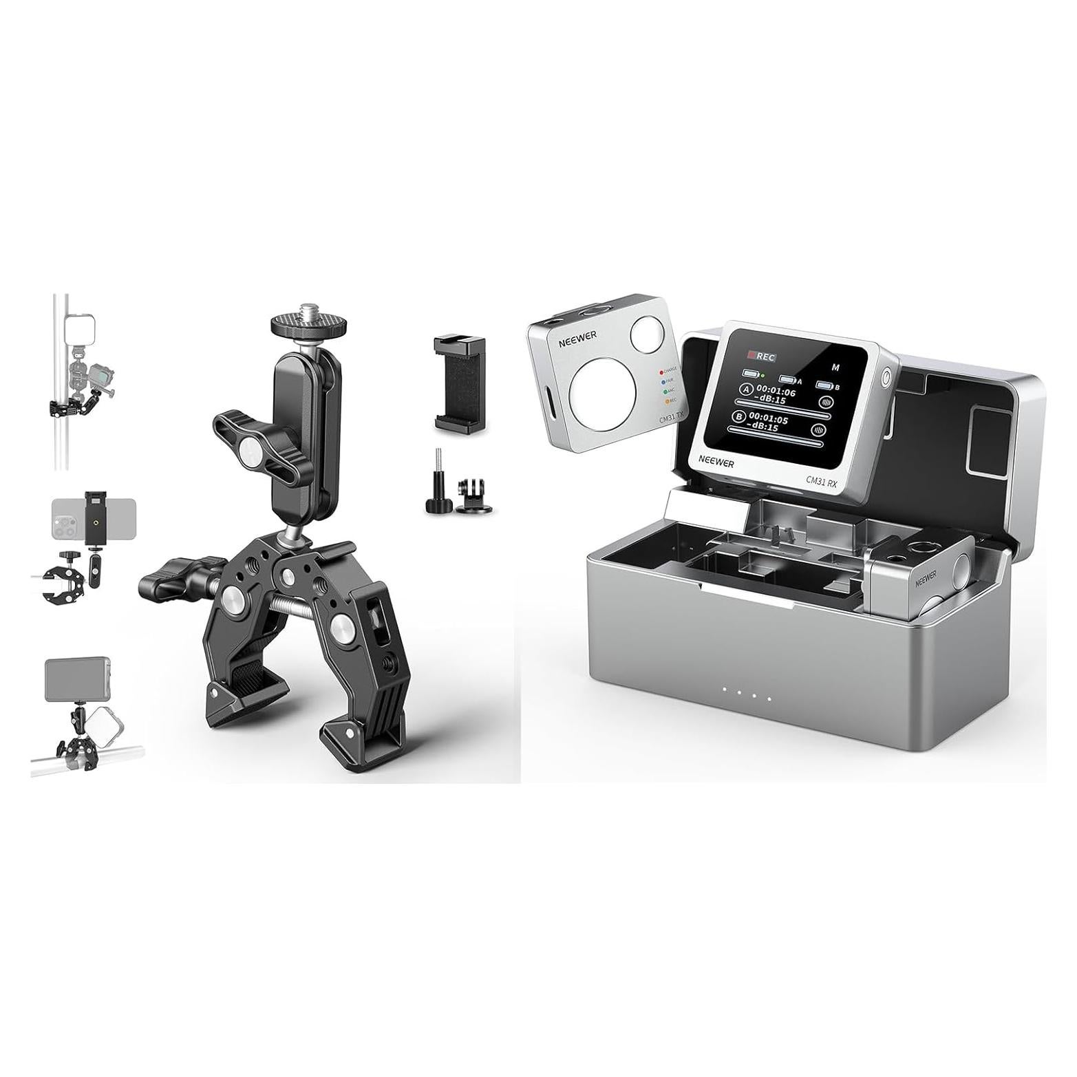 Soporte NEEWER Super Clamp con brazo mágico 7.62cm y micrófono