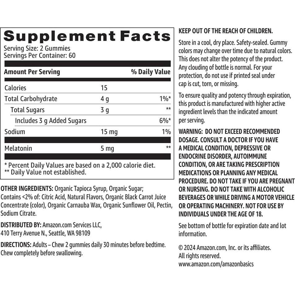 Gomas de Melatonina Amazon Basics 5mg Sabor Fresa 120 Unidades