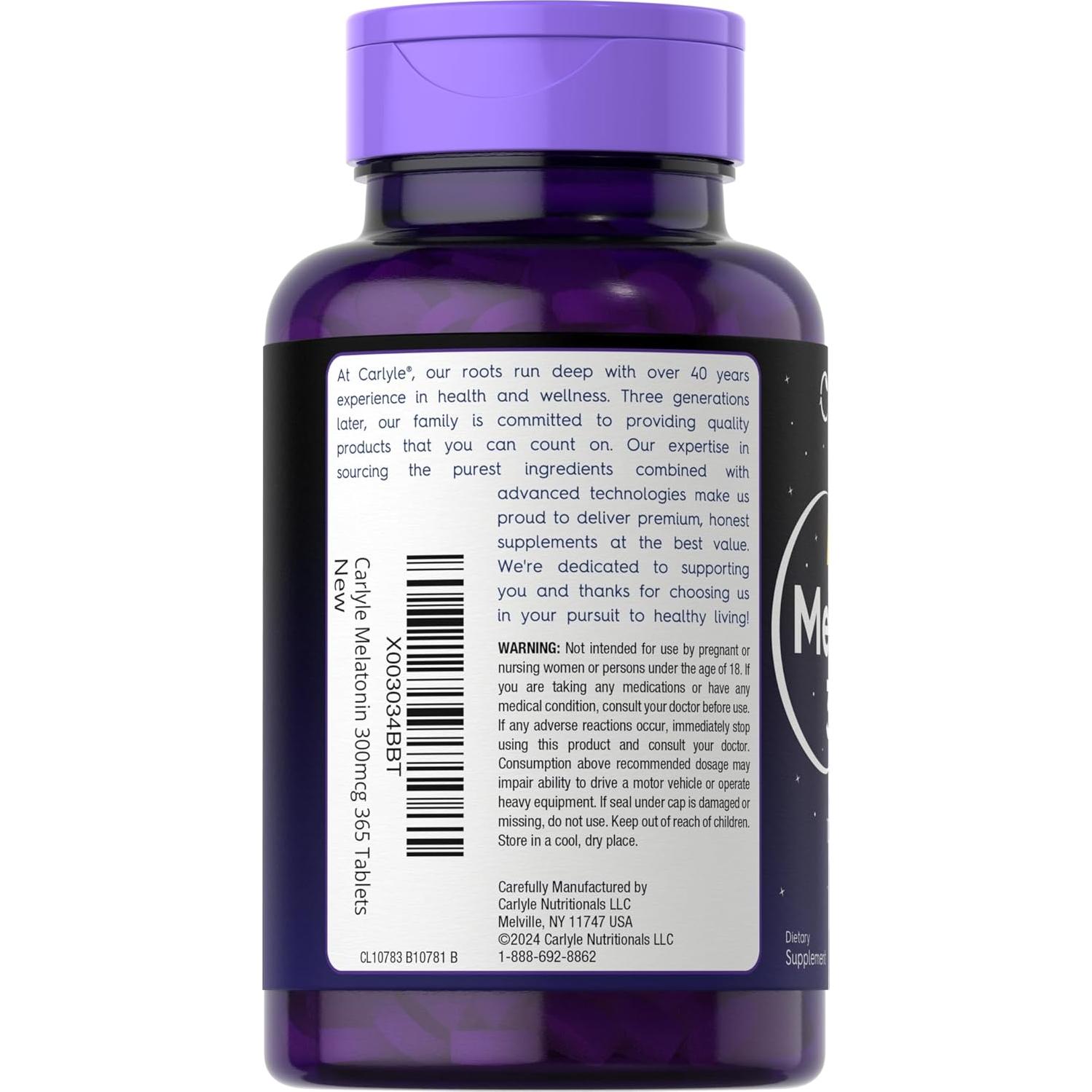 Melatonina 300 mcg Carlyle | 365 Tabletas Vegetarianas | Baja Dosis