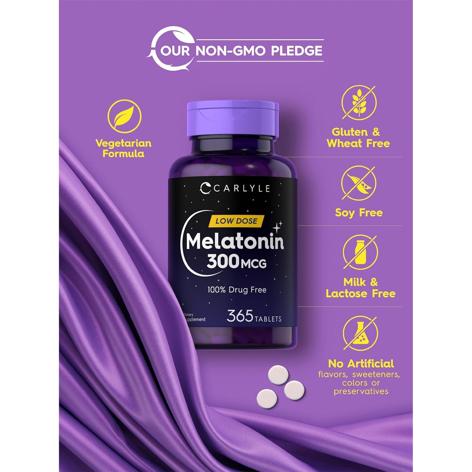 Melatonina 300 mcg Carlyle | 365 Tabletas Vegetarianas | Baja Dosis