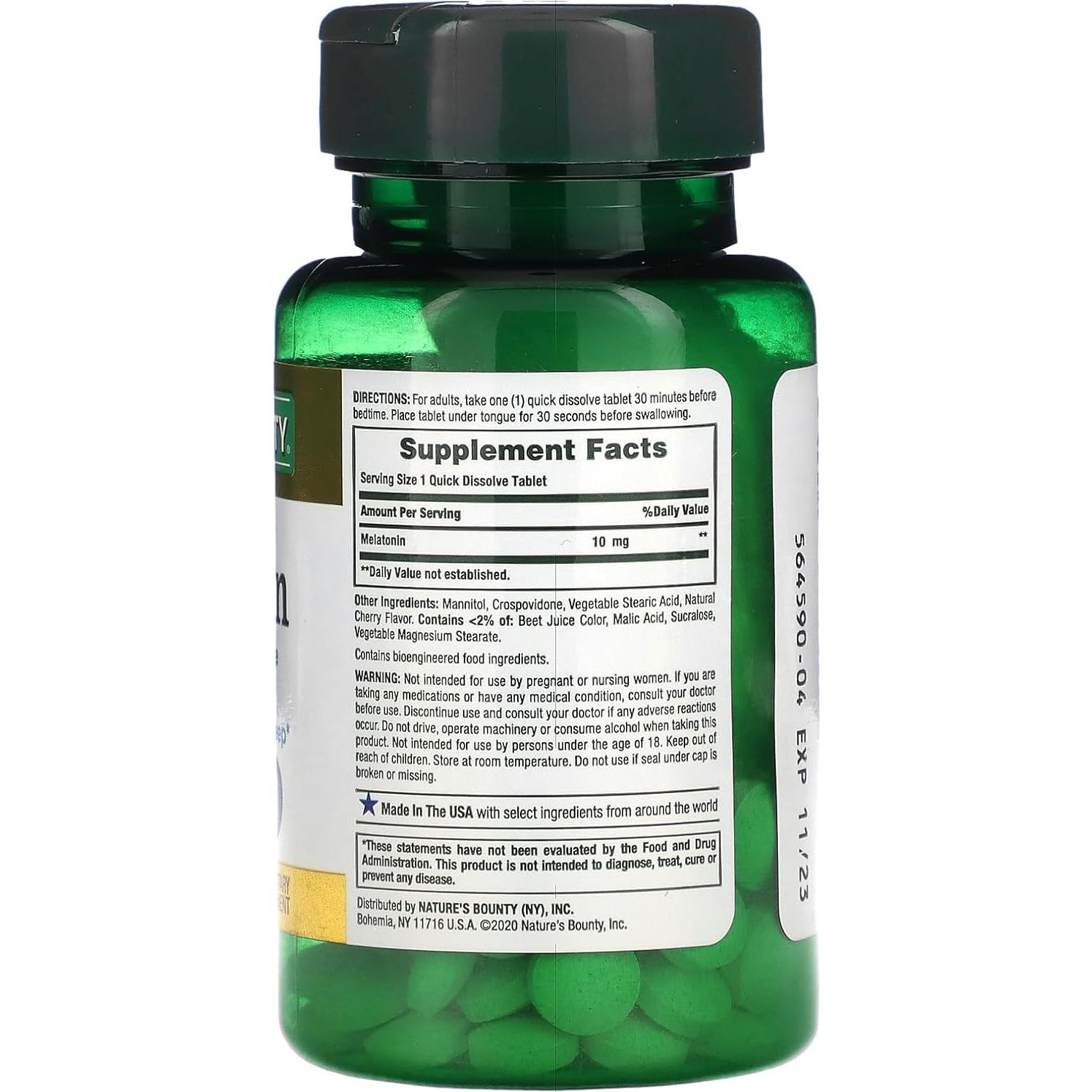 Suplemento de Melatonina Nature's Bounty 10 mg 45 Cápsulas