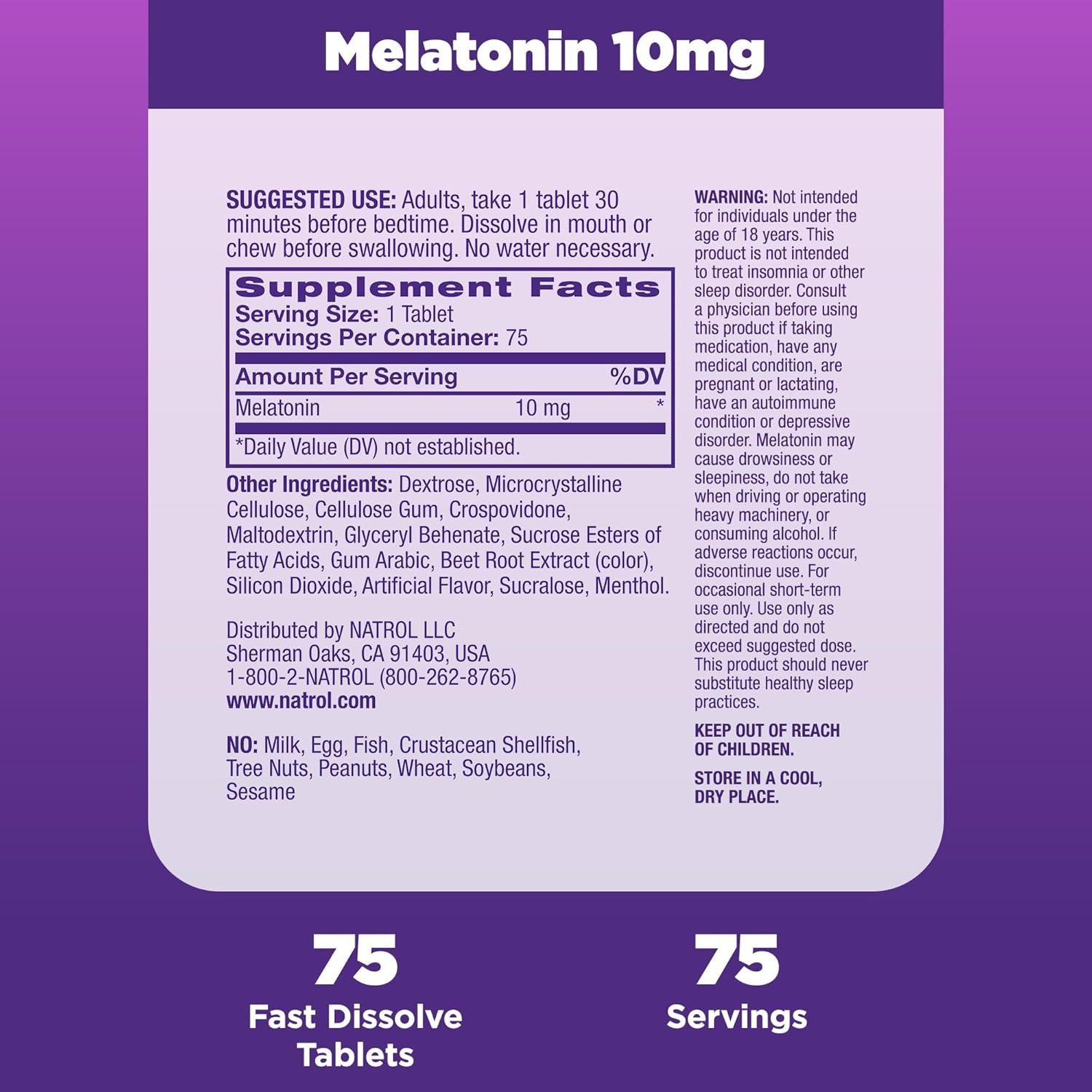 Natrol Melatonina 10 mg Rápida Disolución 75 Tabletas Sabor Fresa