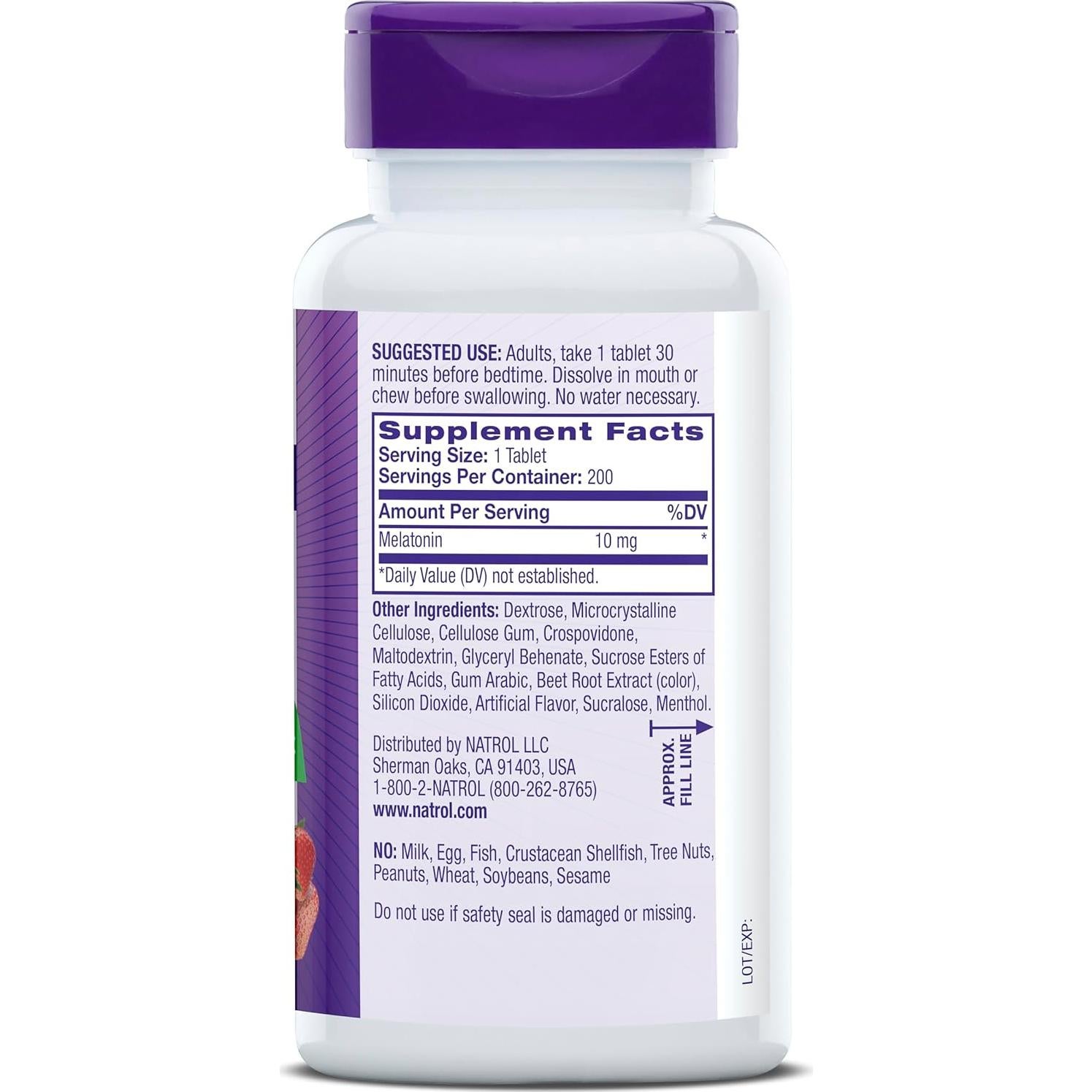 Natrol Melatonina 10 mg Rápida Disolución 200 Tabletas Sabor Fresa