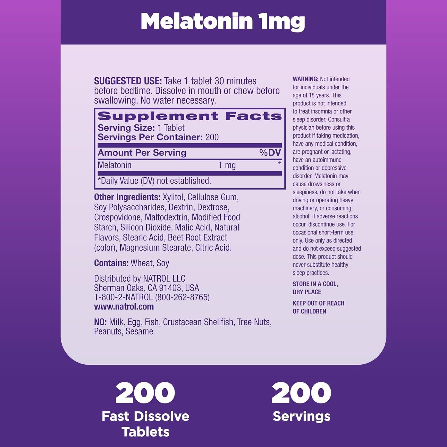 Natrol Melatonina 1 mg Rápida Disolución Sabor Fresa 200 Tabletas