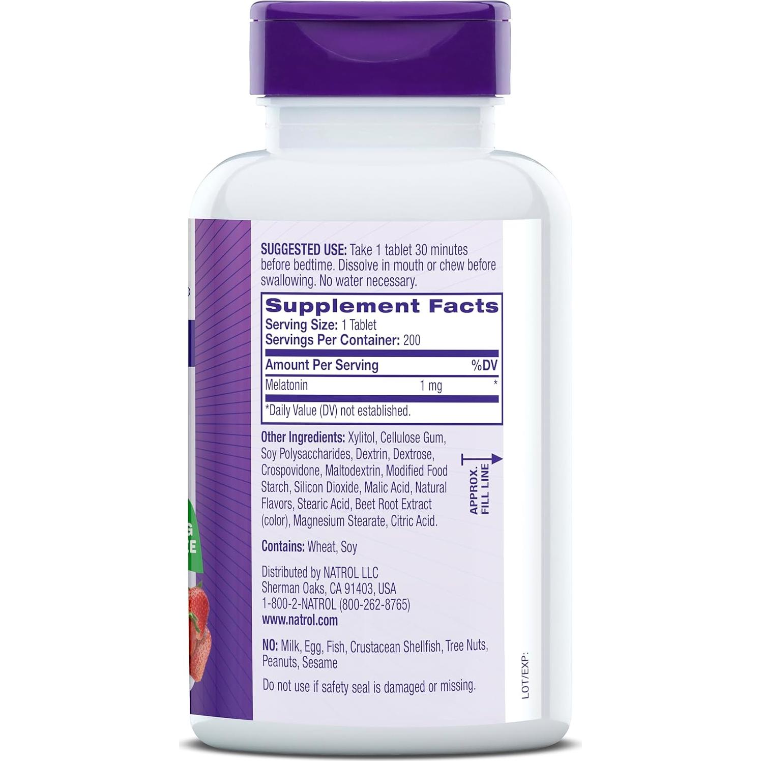 Natrol Melatonina 1 mg Rápida Disolución Sabor Fresa 200 Tabletas
