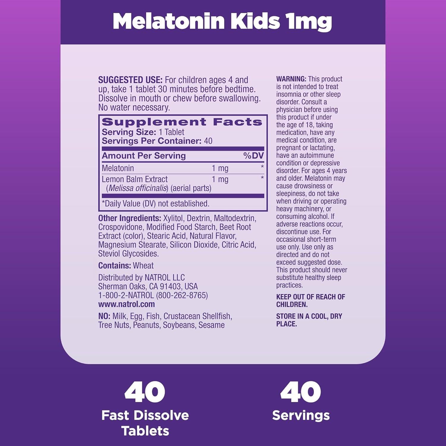 Suplemento de Melatonina Natrol Kids 1 mg - 40 Tabletas Sabor Fresa