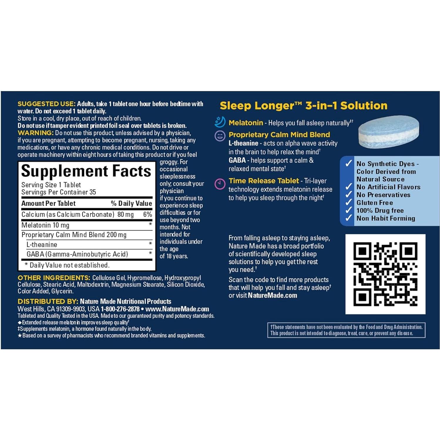 Nature Made Sleep Longer Melatonina 10mg 35 Tabletas Liberación Prolongada