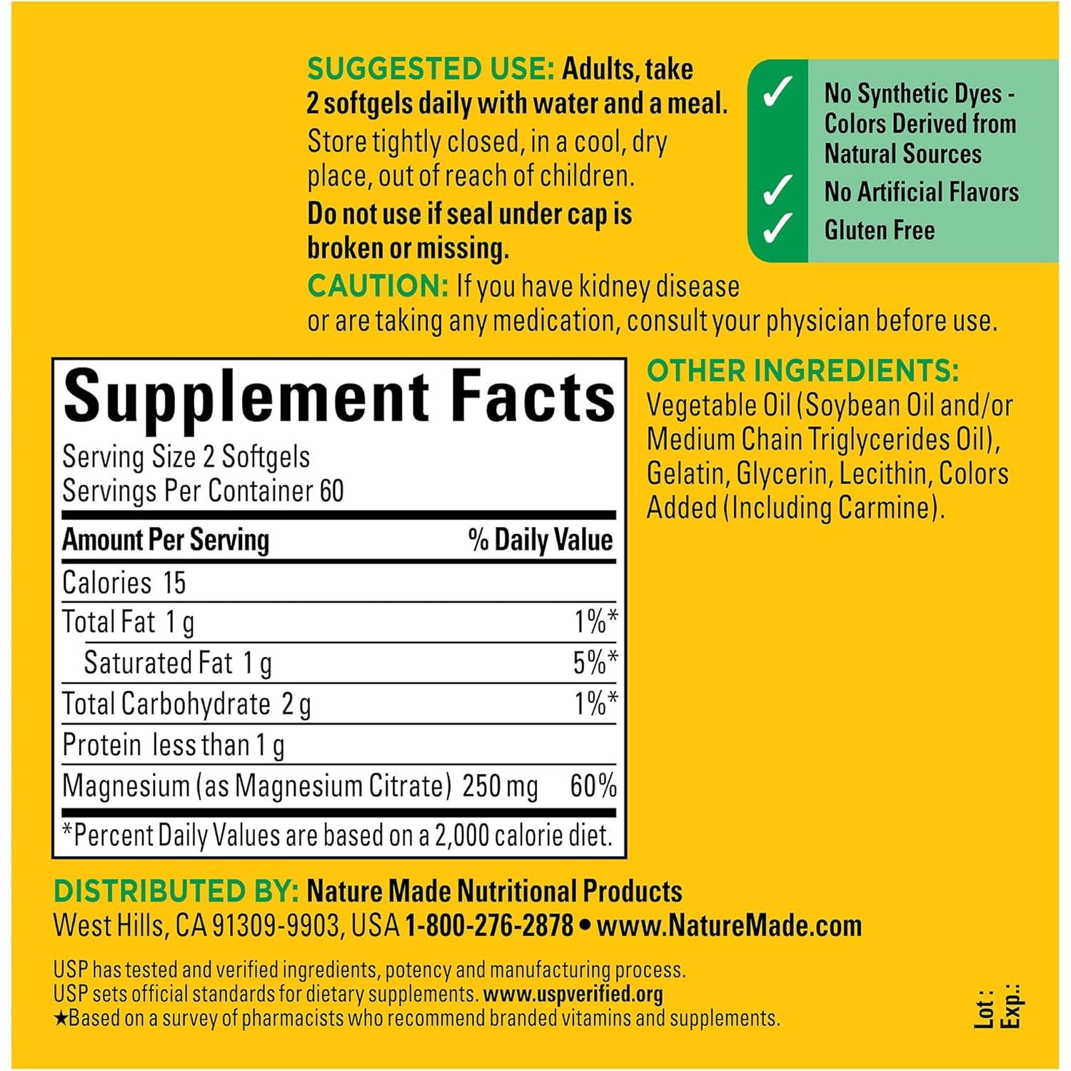 Suplemento de Magnesio Citrato Nature Made 250 mg 120 Gelatinas