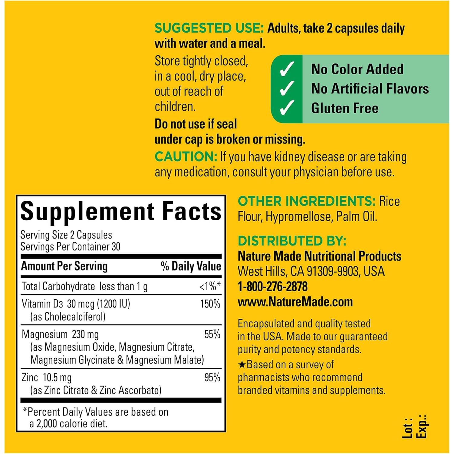 Suplemento de Magnesio Nature Made con Vitamina D3 y Zinc, 60 Cápsulas