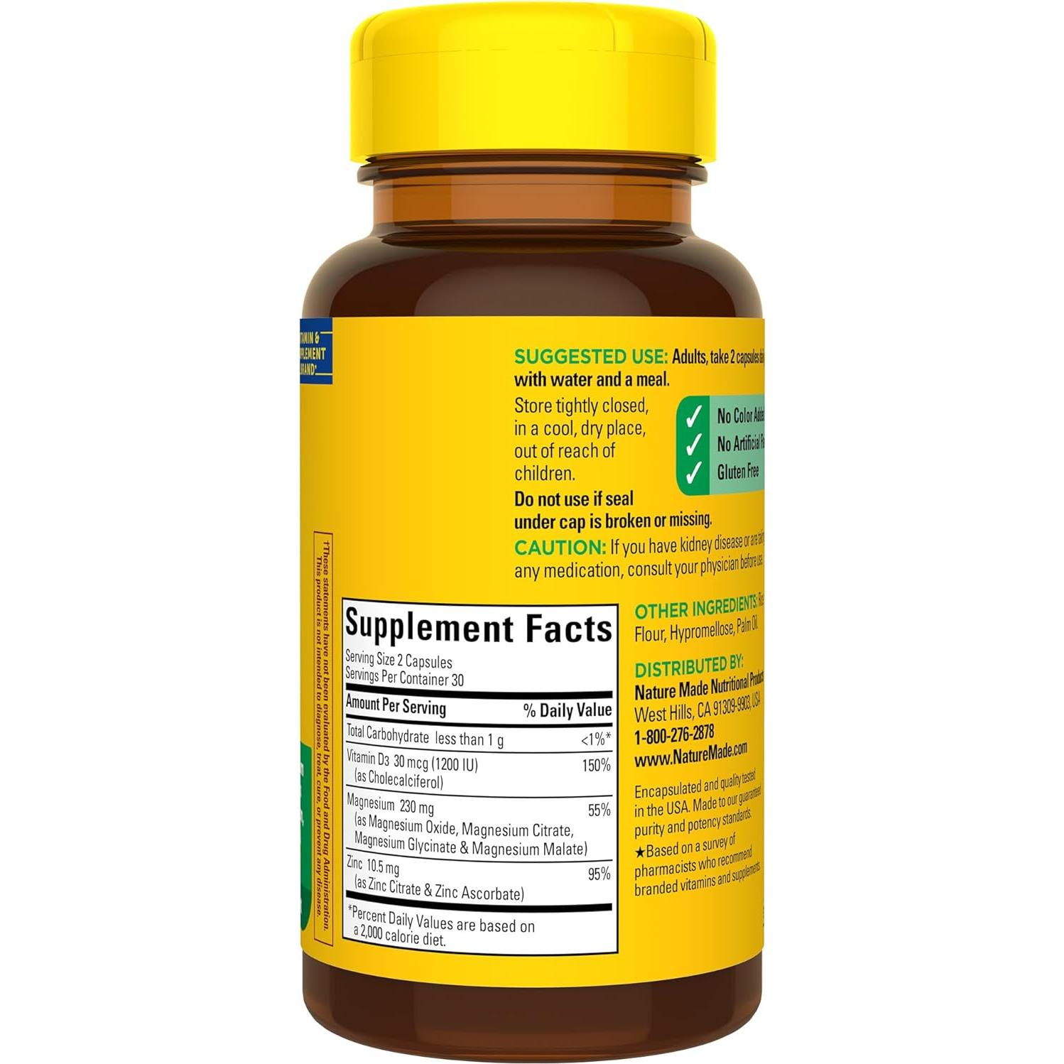 Suplemento de Magnesio Nature Made con Vitamina D3 y Zinc, 60 Cápsulas