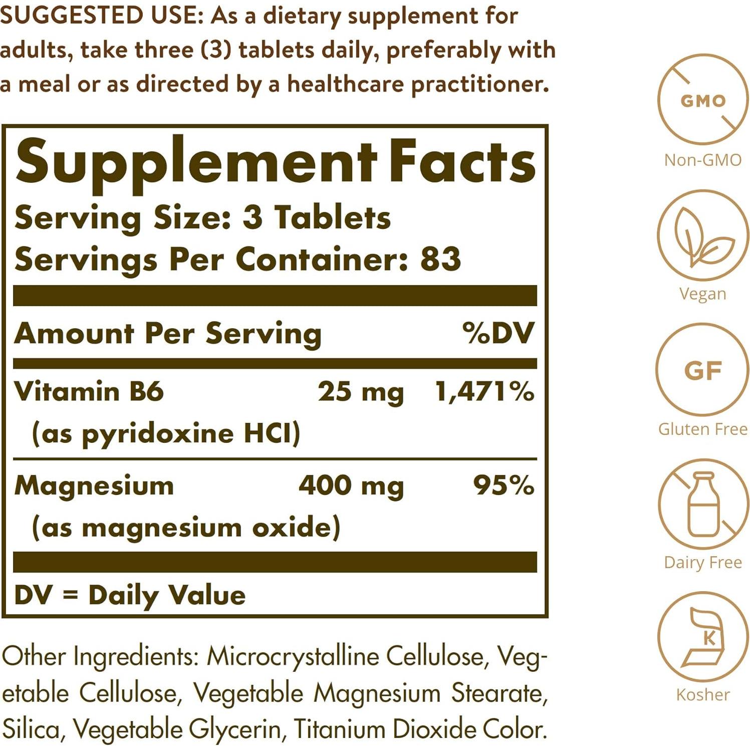 Suplemento de Magnesio con Vitamina B6 Solgar 250 Tabletas - Salud Huesos y Energía