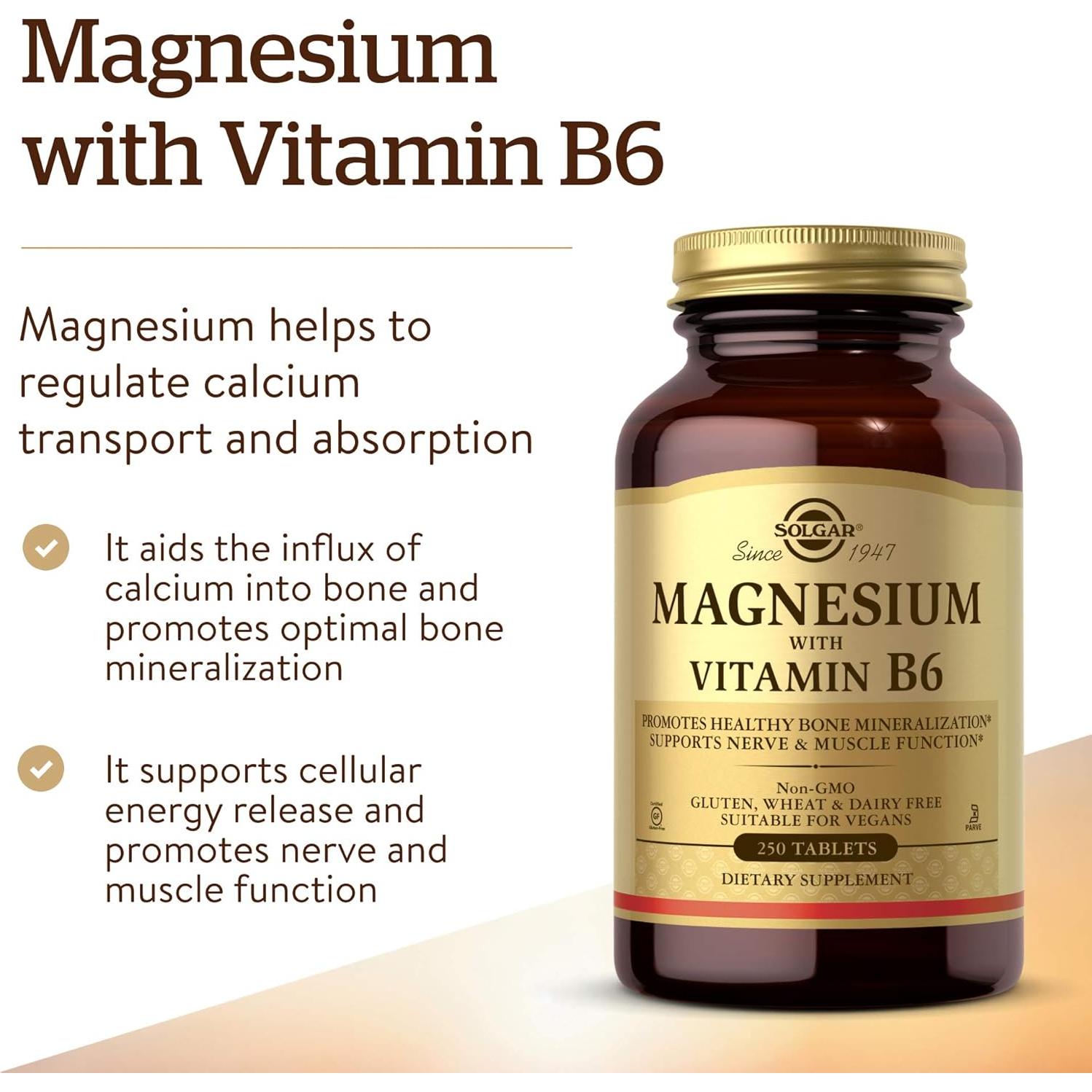 Suplemento de Magnesio con Vitamina B6 Solgar 250 Tabletas - Salud Huesos y Energía