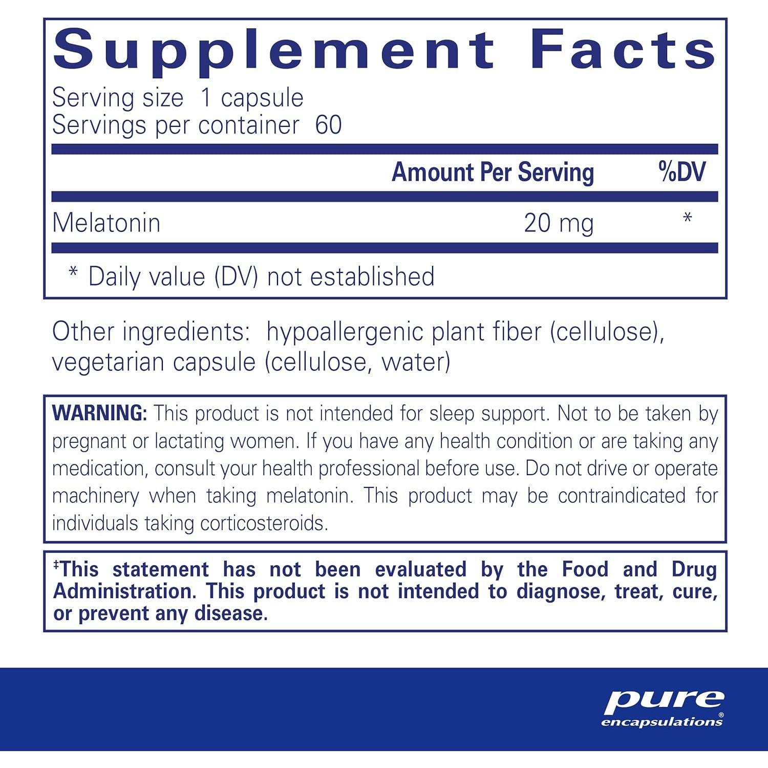 Melatonina 20 mg Pure Encapsulations - 60 Cápsulas - Sin Gluten