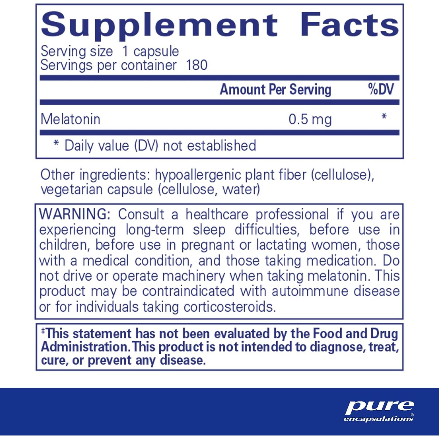 Melatonina 0.5 mg Pure Encapsulations - 180 Cápsulas Veganas