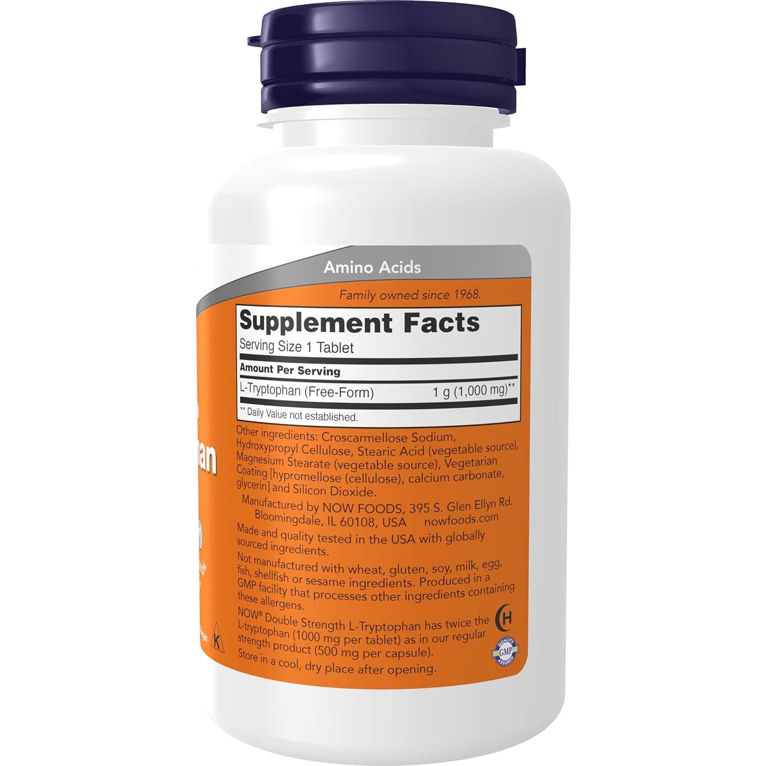 NOW Foods L-Triptófano 1000 mg Doble Fuerza 60 Tabletas