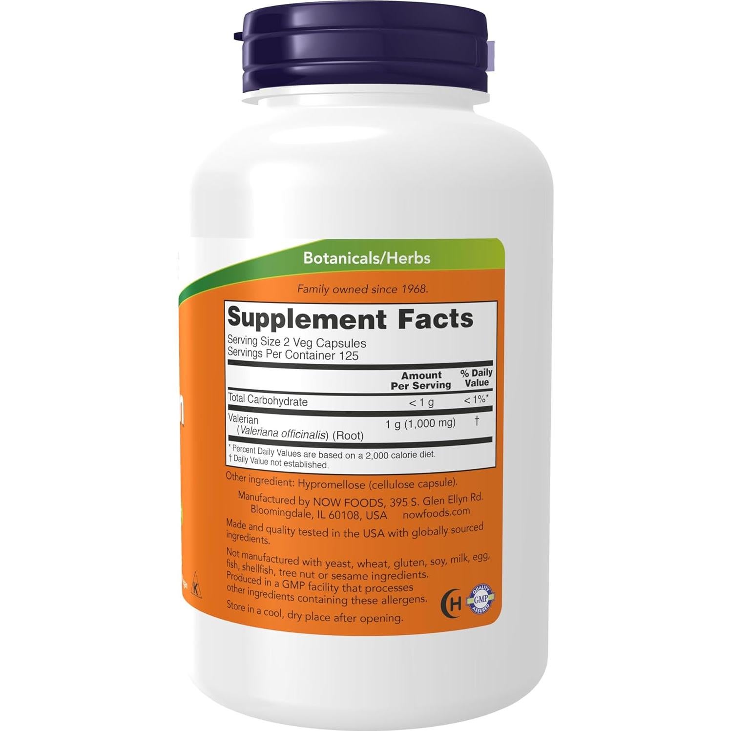 Suplemento Herbal Raíz de Valeriana NOW Foods 500 mg 250 Cápsulas Veganas