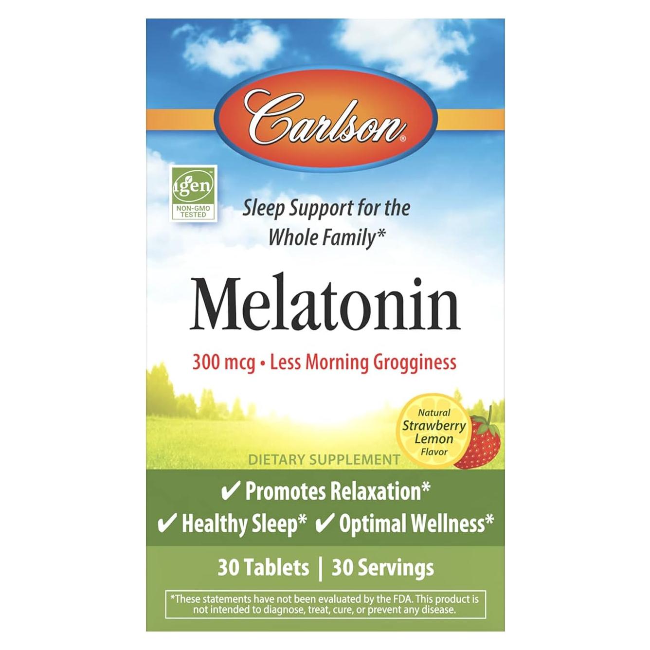 Melatonina Carlson 300 mcg 30 Tabletas Masticables Sabor Fresa-Limón