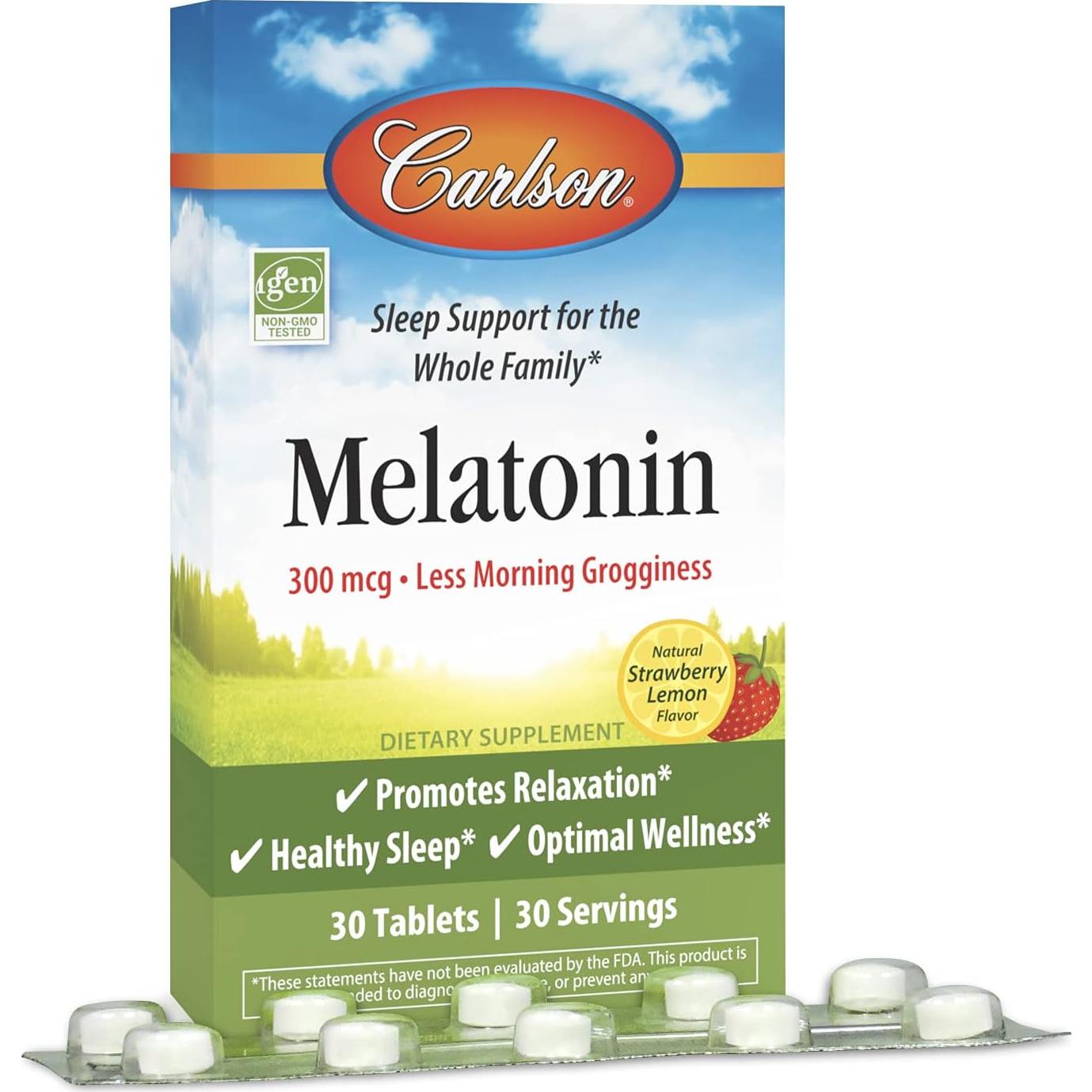 Melatonina Carlson 300 mcg 30 Tabletas Masticables Sabor Fresa-Limón