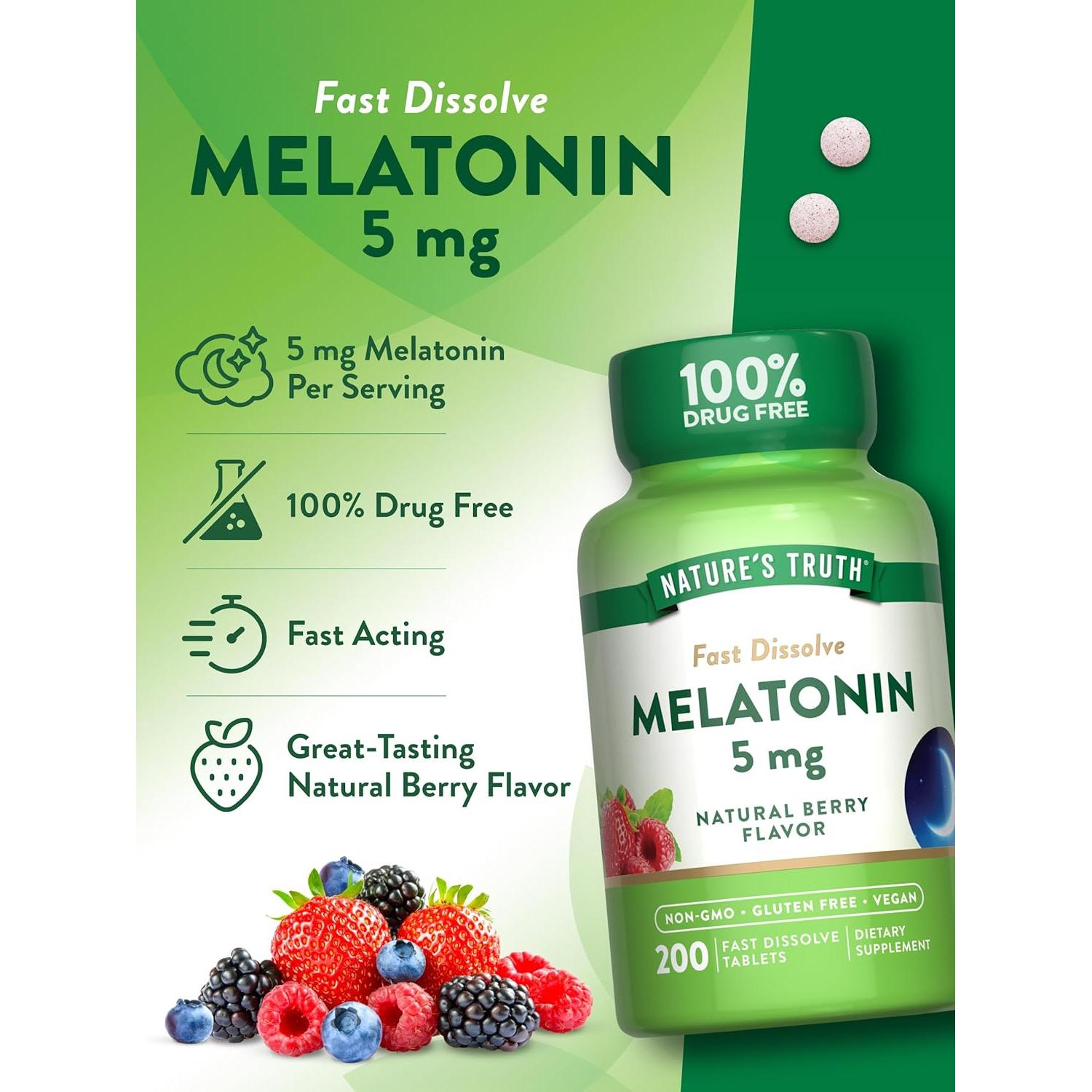 Tabletas de Melatonina 5mg Nature's Truth 200 Unidades Sabor Baya