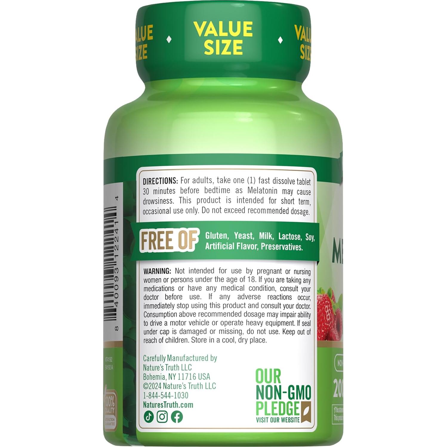Tabletas de Melatonina 5mg Nature's Truth 200 Unidades Sabor Baya