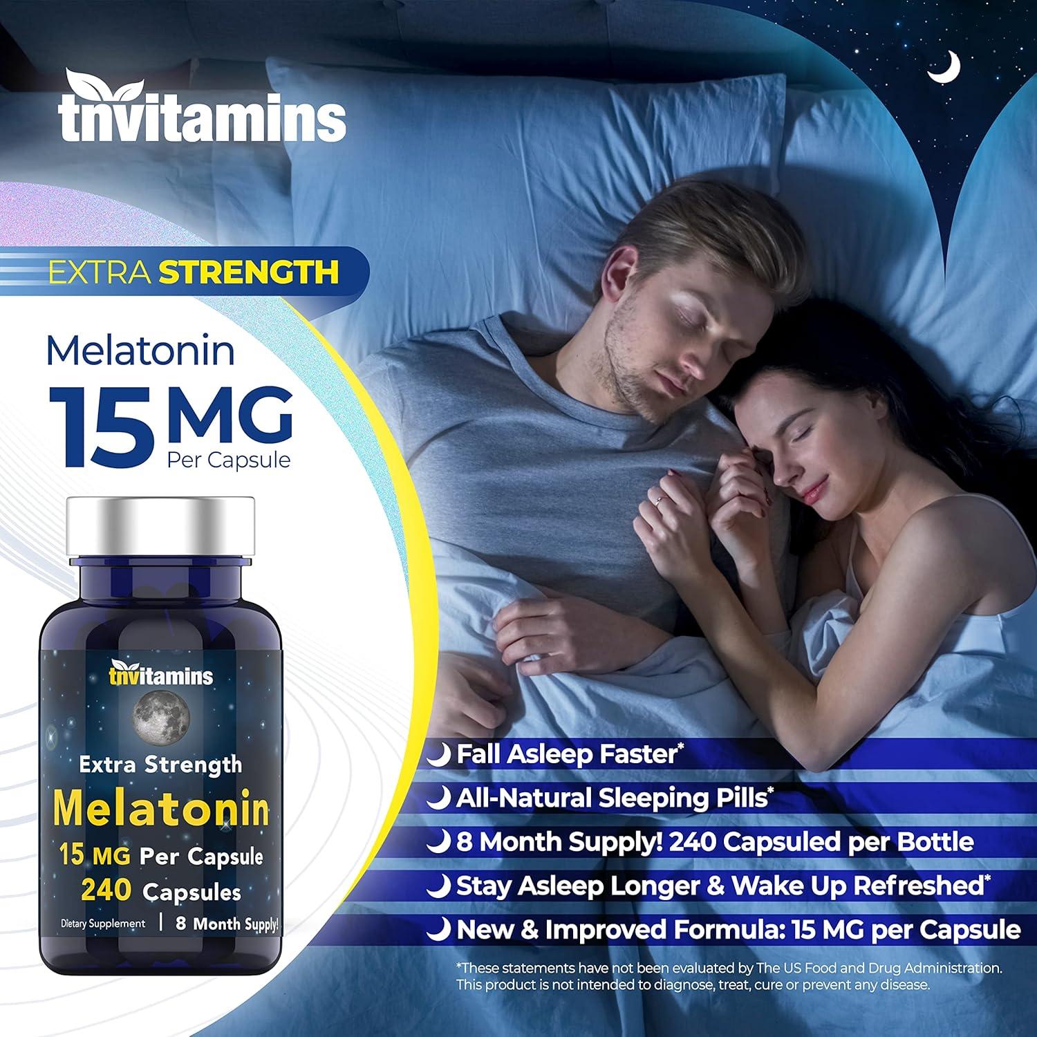 Melatonina 15 MG TNVitamins - 240 Cápsulas Naturales para Dormir