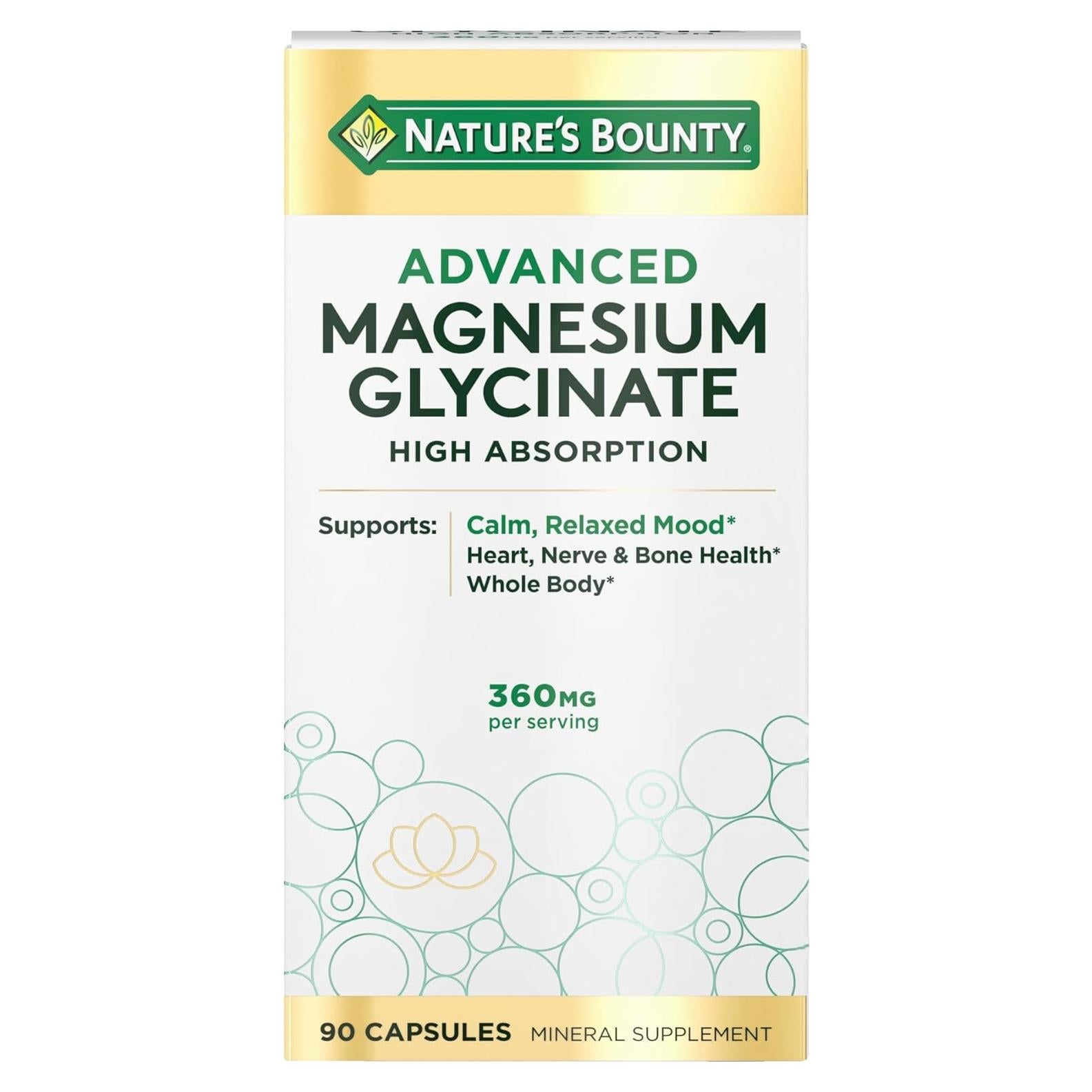 Suplemento de Magnesio Glicinato Nature's Bounty 360 mg 90 Cápsulas